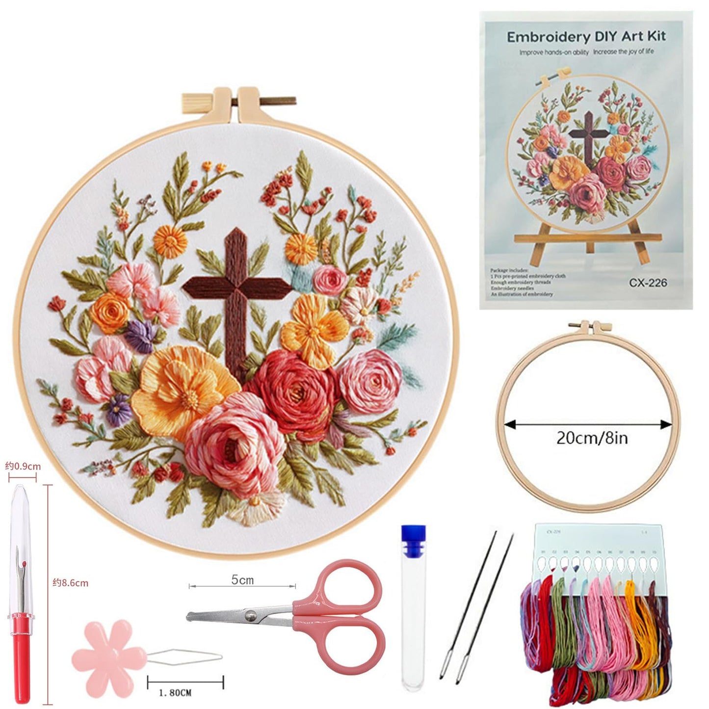 ZGEZGE Cross and Flower Embroidery Beginner Kit – Christian Embroidery, Includes Embroidery Hoop, pre-Printed Cotton Fabric, Scissors, Threader, and unraveler – Easter Gifts and Home Decor