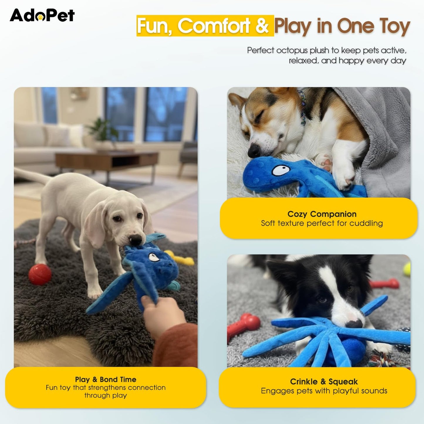 AdoPet Squeaky Octopus Dog Toy – No Stuffing, Crinkle Sound Plush Chew Toy for Small and Medium Dogs – Durable and Machine Washable – 2 Pack (Blue & Pink)