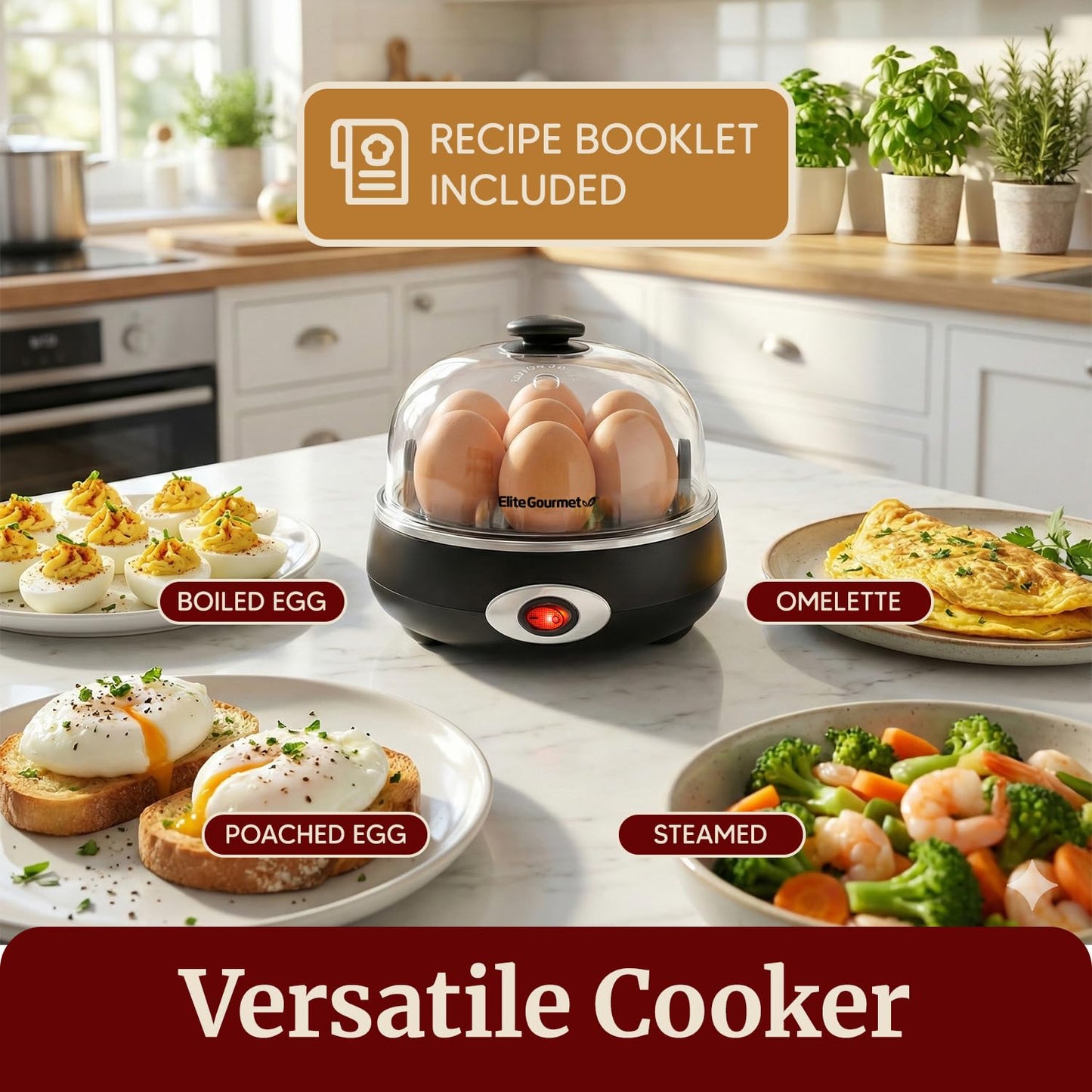 Elite Gourmet EGC007CHC# Rapid Egg Cooker, 7 Easy-To-Peel, Hard, Medium, Soft Boiled Eggs, Poacher, Omelet Maker, Auto Shut-Off, Alarm, 16-Recipe Booklet, Charcoal Grey