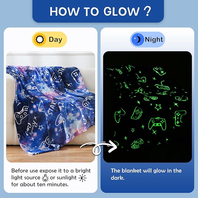 SOCHOW Glow in The Dark Gaming Blanket for Gamers, Soft Cozy Gamepad Game Controller Throw Gift Toys for Teens Youths Adults, Birthday Easter Room Decor Blanket, Blue 50 x 60 Inches