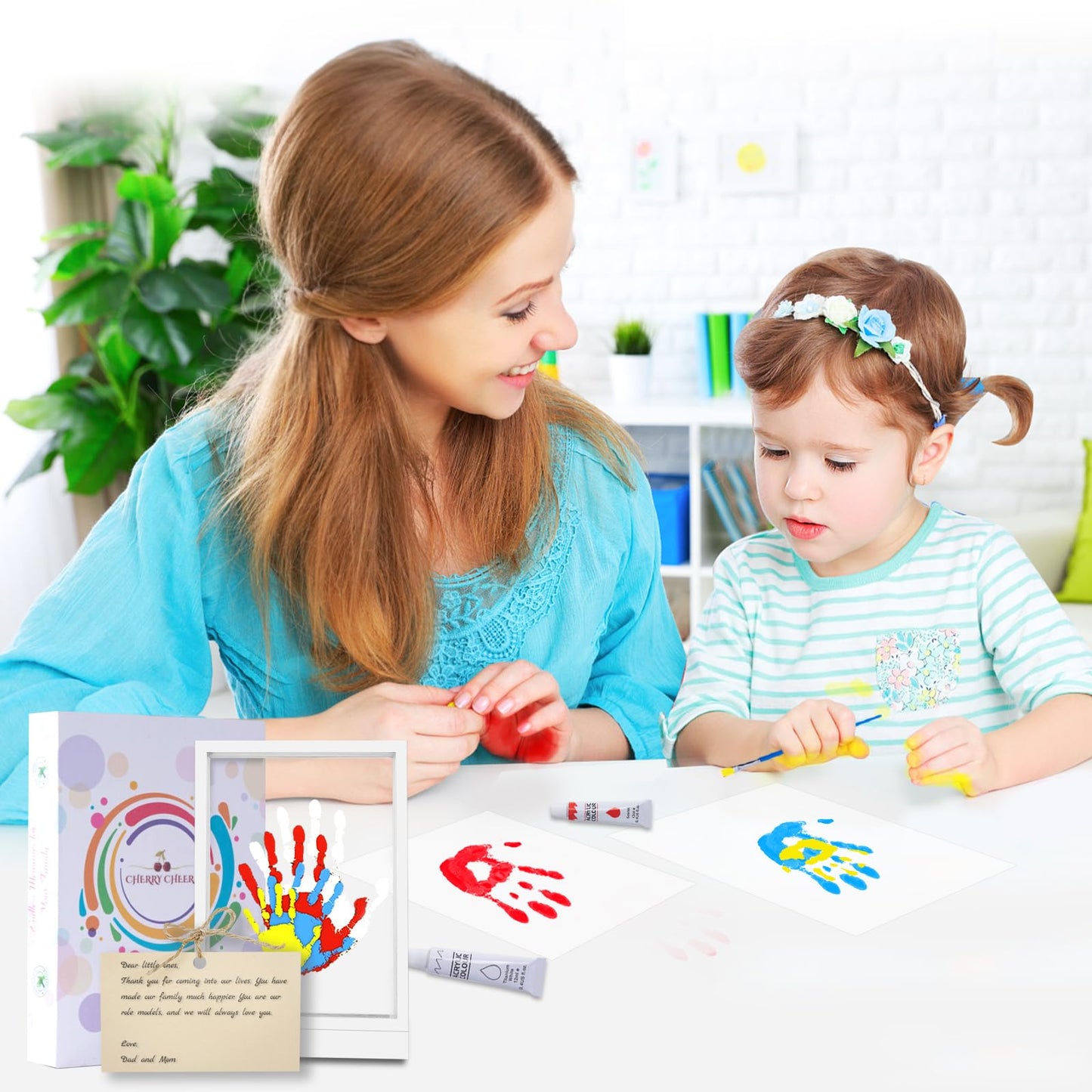 CHERRY CHEERS Family Handprint Kit with Light, Handprint Keepsake Frame, Wooden Led Light, Easy Install, No Need Screw etc, Non-Toxic Paints (White)