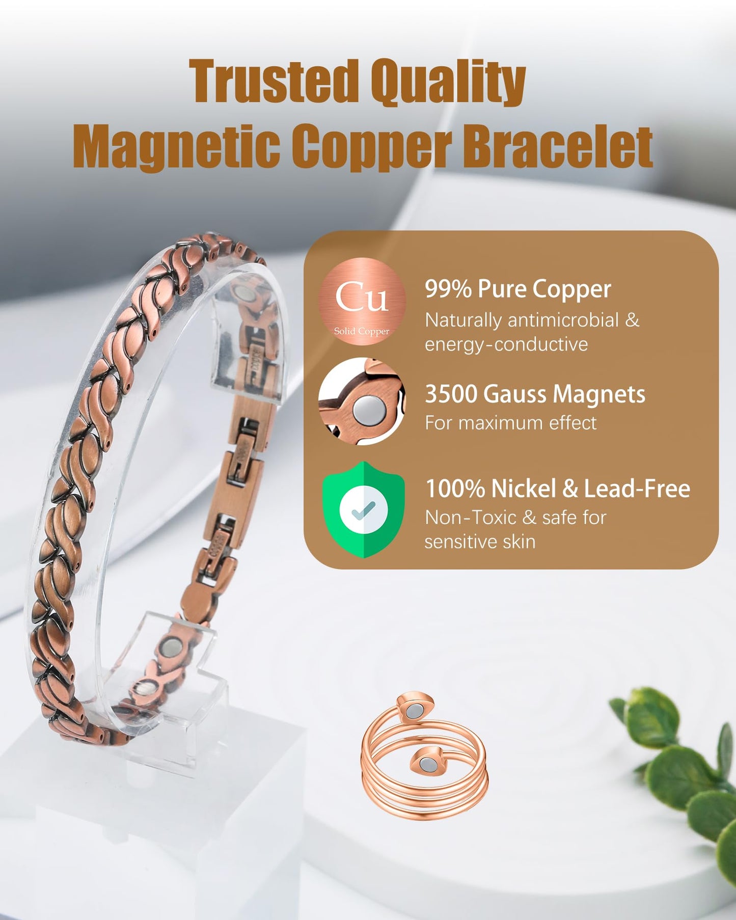 Jeracol Copper Bracelets & Ring for Women, 99.99% Pure Copper Magnetic Bracelets with Effective Neodymium Magnets, Adjustable Jewelry Gift with Sizing Tool