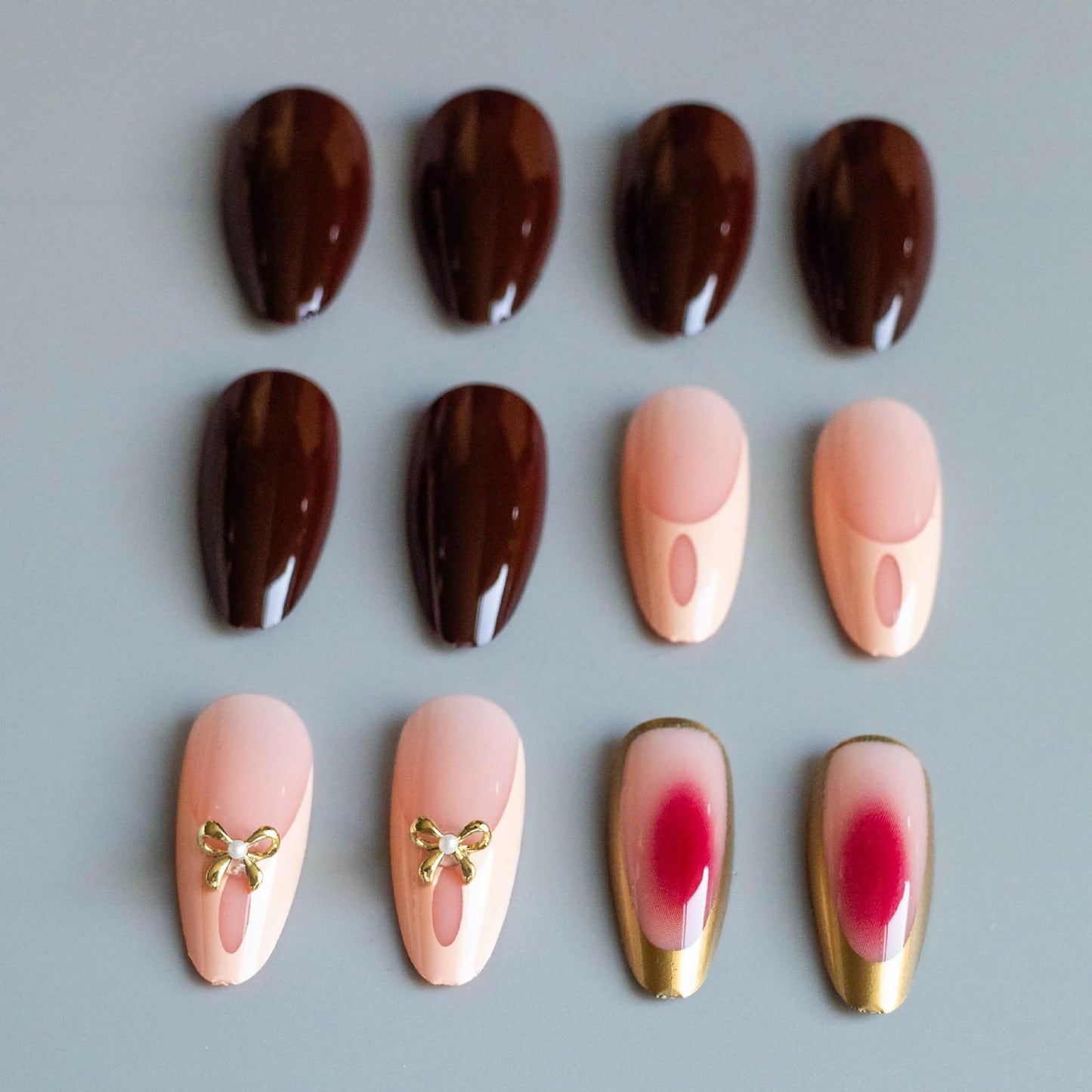 MISUD Press on Nails - Medium Almond Fake Nails with Fall Burgundy, Acrylic Cheetah Tortoise Design 24 pcs