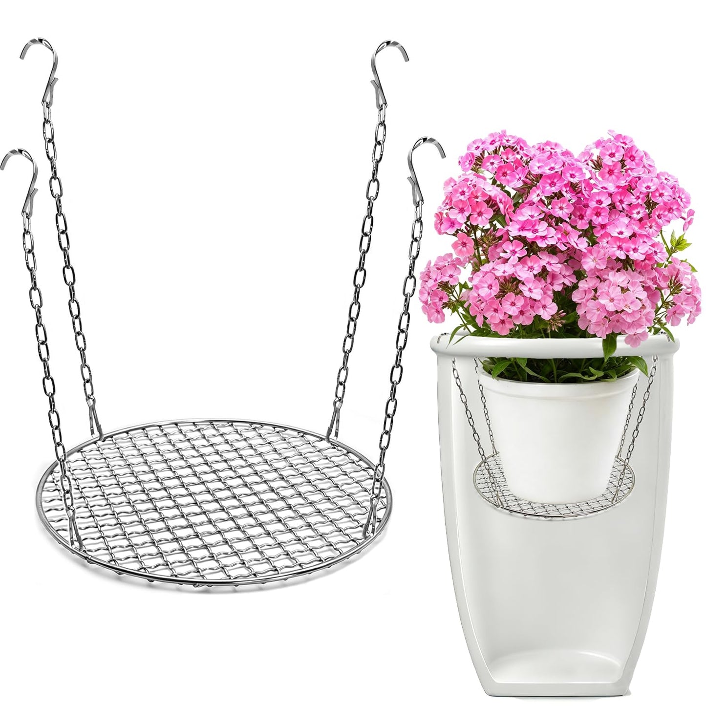 CHENGLAI Stainless Steel Adjustable Height Planter Insert for Large Pots, 4 Hooks with Chains Plant Riser for Inside Pots, Fits Flower Pot Opening 12-18" Wide, Indoor Outdoor Use