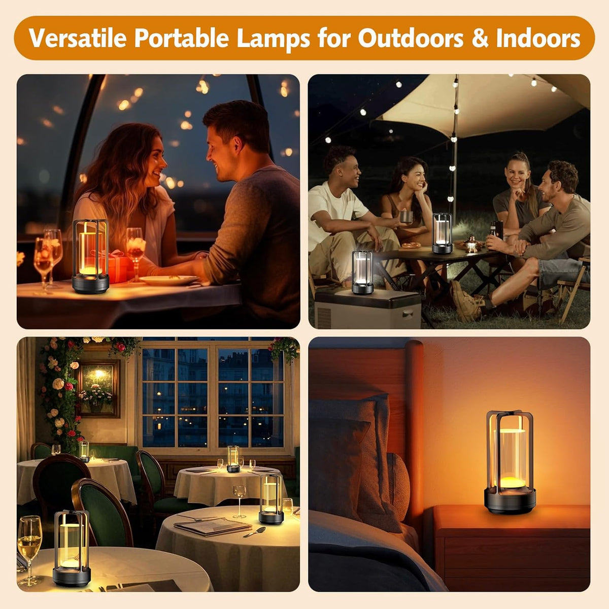 Portable Table Lamp for Outdoor Indoor: Cordless Rechargeable Desk Lamp with 3 Color Stepless Dimmable - Metal Battery Operated Small Lantern Light for Restaurant/Bedroom/Bar/Coffee Shop/Camping