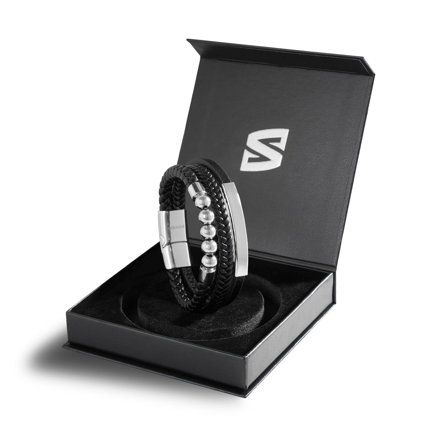 SERASAR Mens Leather Bracelet 17cm Silver Presents Men Gift Box Cowhide Braided Magnetic Clasp Multi Layer Wrap Rope Mans Male Bracelets Band Jewelry Magnet Accessories