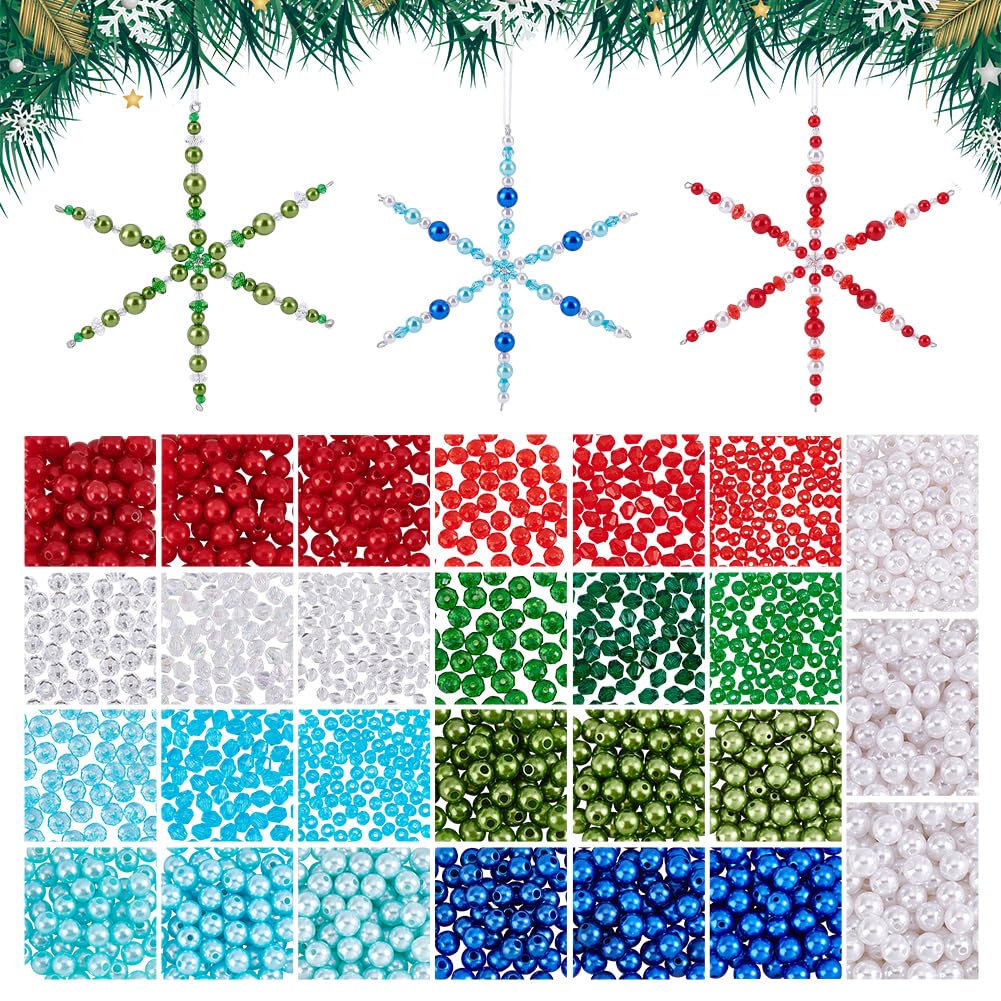 PH PandaHall Christmas Snowflake Wires Bead Kit, Snowflake Beads Ornament Set Metal Snowflake Wire with Pearl Acrylic Beads for Holiday Crafts Christmas Tree Wreaths DIY Craft Decoration