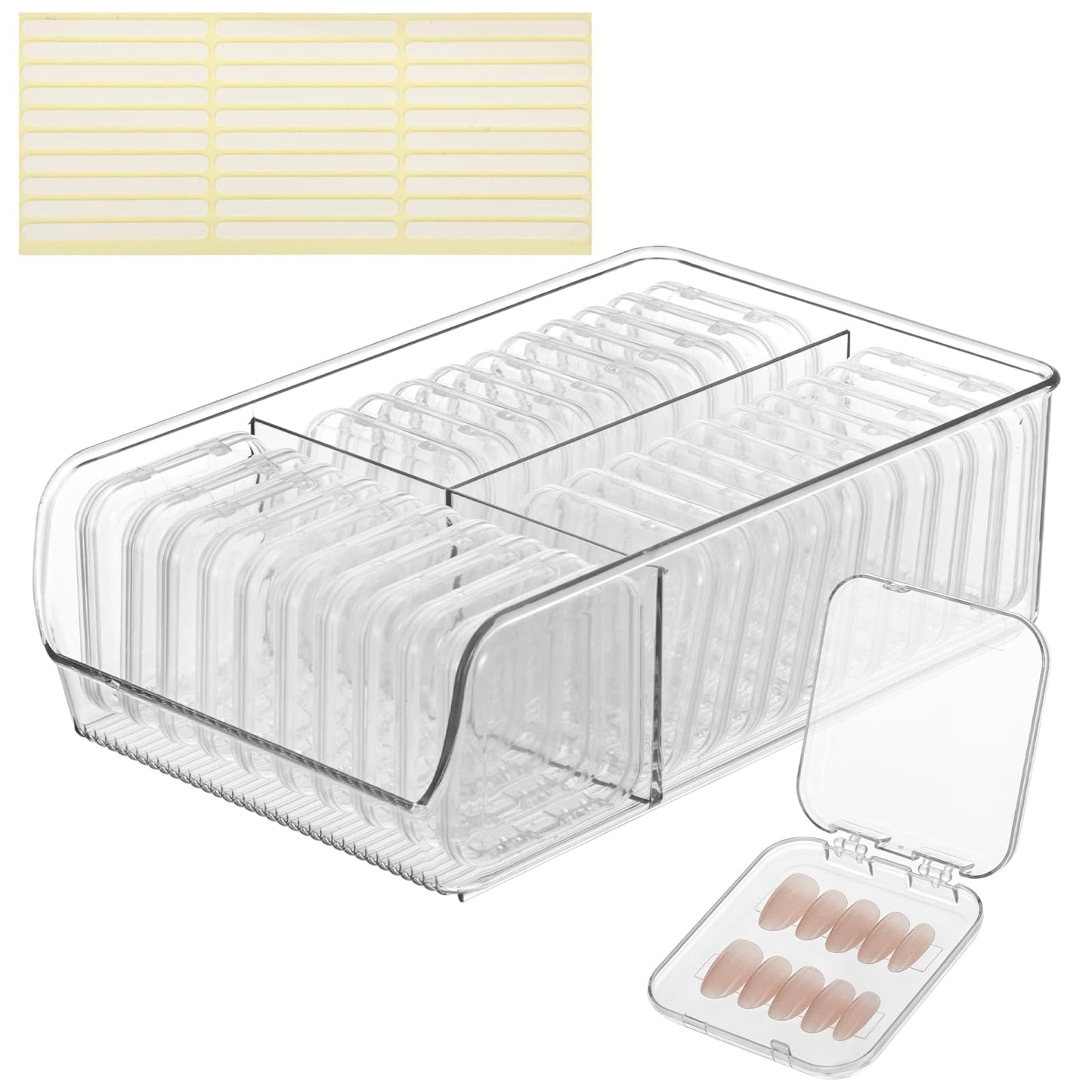 Wopgrty 30 Pcs Press On Nail Storage Box, Acrylic Display Case, Packaging Box for Nail Art, Large Stackable, All-In-One Box, 120 Pcs Double Sided Adhesive Nail Display Tape