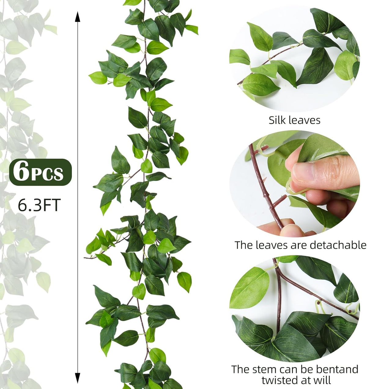 RECUTMS Artificial Vines Ivy Garland 6 Strands Fake Vine with Silk Green Leaves Hanging Plants Greenery Artificial Garland for Home Wall Bedroom Party Wedding Arch Apartment Room Decor