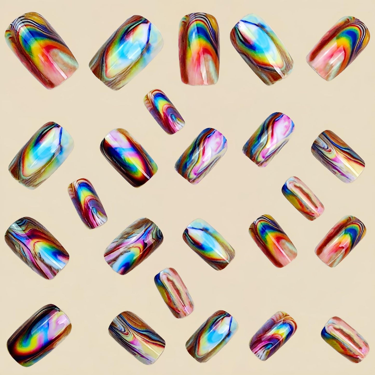Chrome Press on Nails Medium Square Fake Nails Color Aurora False Nails Press ons with Color Gradient Blending Design Glossy Acrylic Nail Full Cover Reusable Stick on Nails for Women Manicure 24Pcs