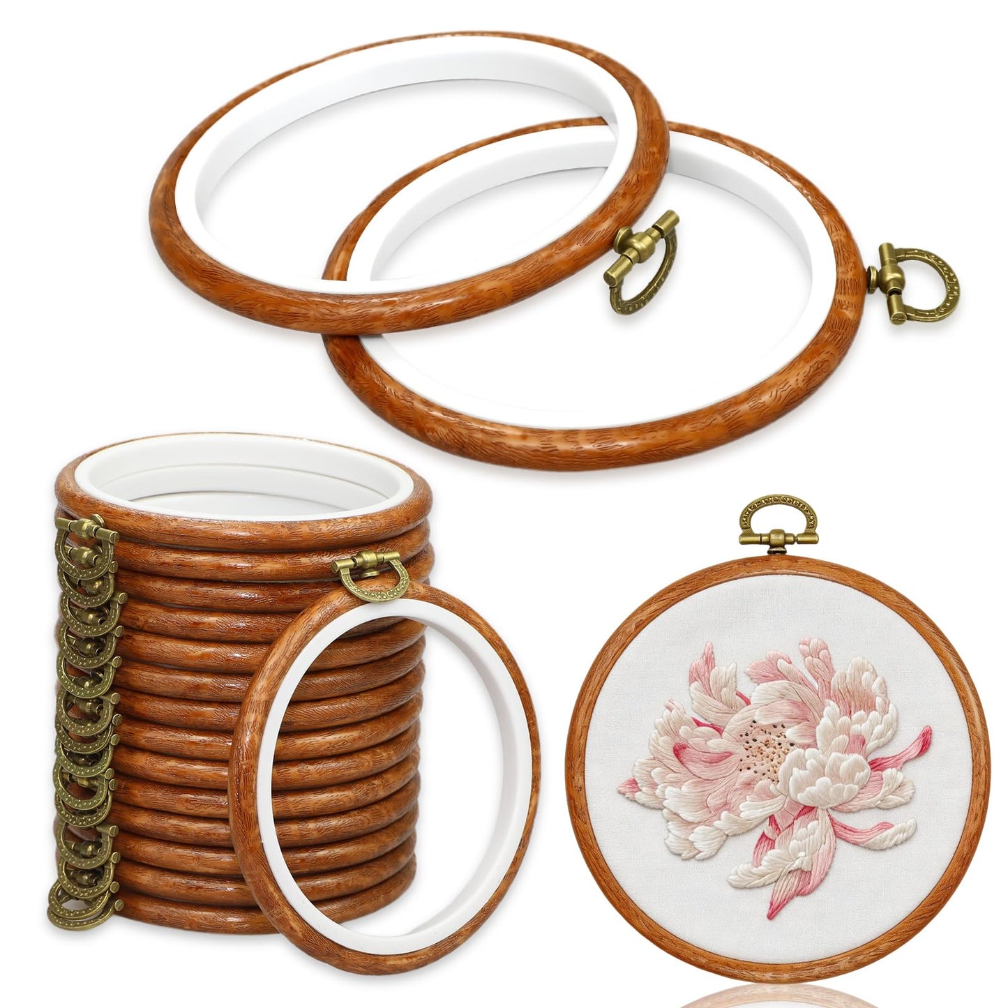 YICO 15 Pieces 3.6 Inch Round Embroidery Hoop Set Imitated Wood Grain Rubber Cross Stitch Frame for DIY Crafts Display Decorative Hanging Circle for Needlework and Ornaments