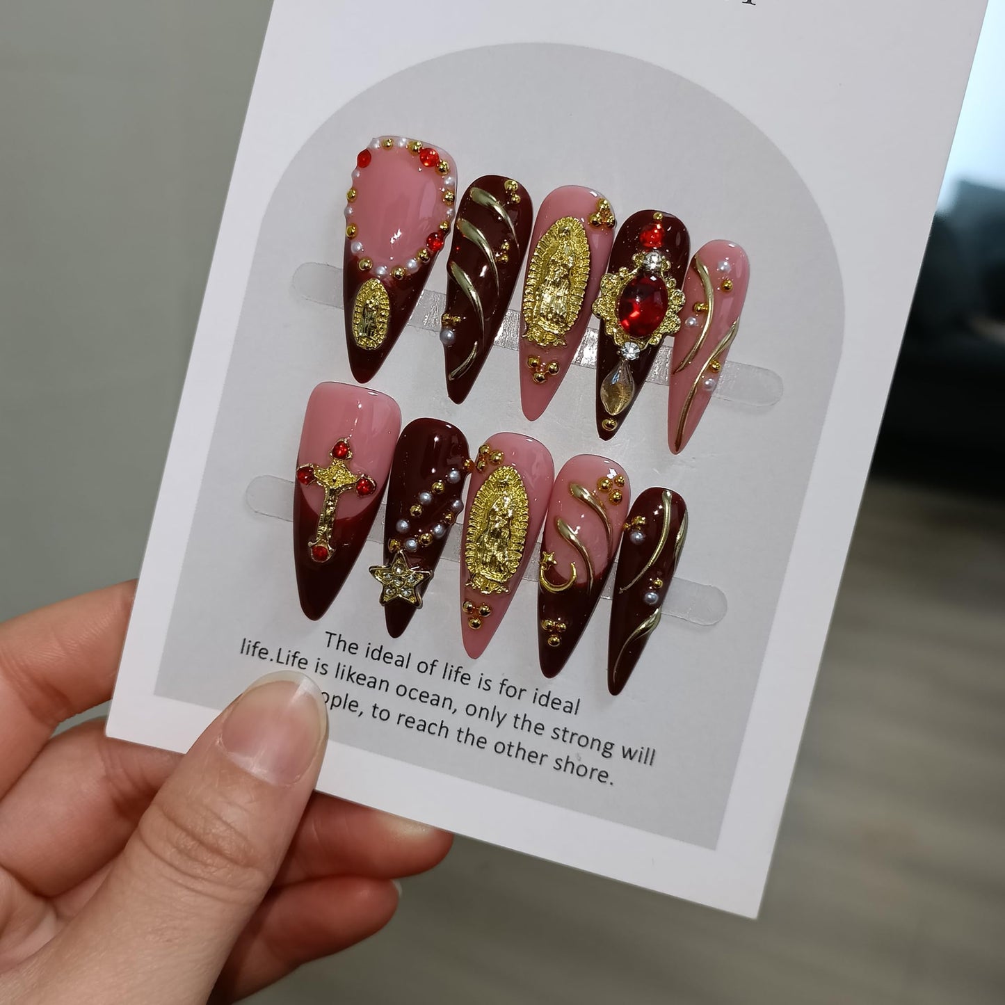TENPAL Handmade Press on Nails Long Stiletto - Nude Pink Wine Cross Design Fake Nails with 3D Religious Charm | Acrylic Glossy Icy False Nails with Tools | Chapelcore Y2K Nails(M)