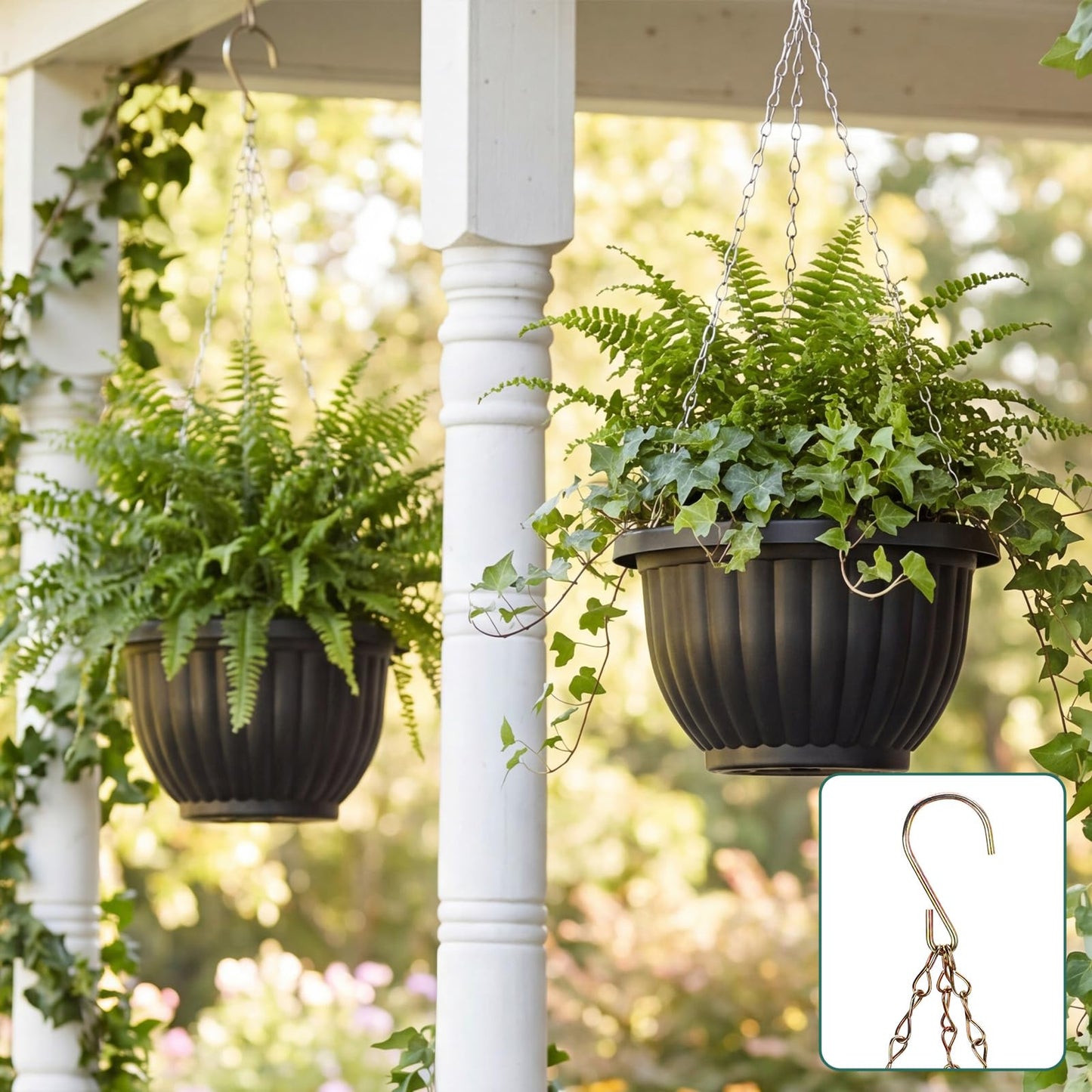 Ferrochef 12 Sets Hanging Planters for Indoor and Outdoor Plants Self Watering Hanging Basket Flower Pots Plastic Plant Pots with Drainage Hole and Absorbing Tray(Black,10 Inch)