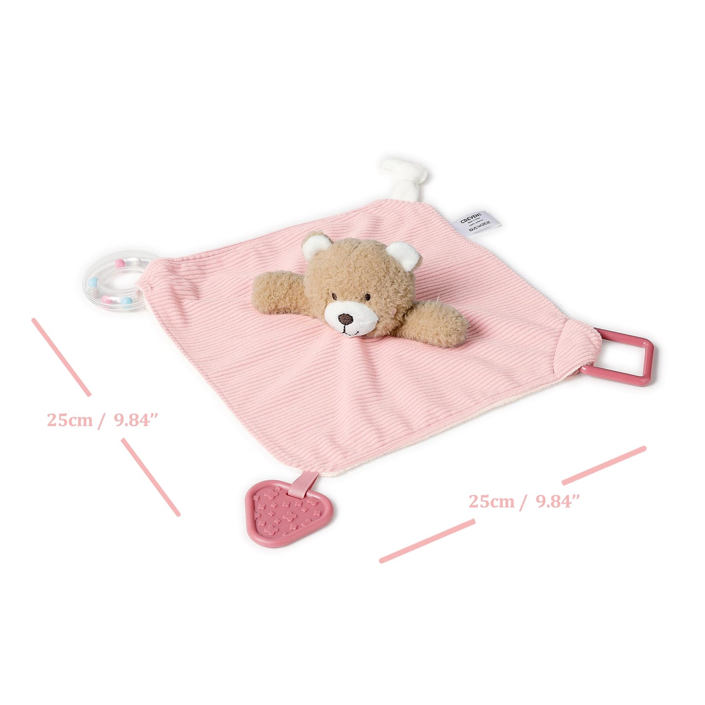 CREVENT 3-in-1 Baby Lovey Blanket with Teether & Rattle | Plush Chewable Animal Head Security Blanket, Birthday Gift - Pink Bear