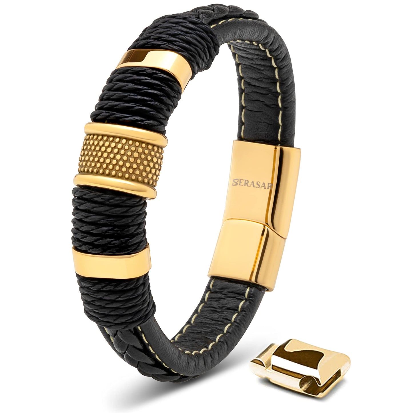 SERASAR Mens Bracelets 20cm Gold Gift Box Genuine Leather Cowhide Braided Adjust Able Magnetic Clasp Multi Layer Wrap Jewellery Rope Man Mans Male Band Jewelry Accessories