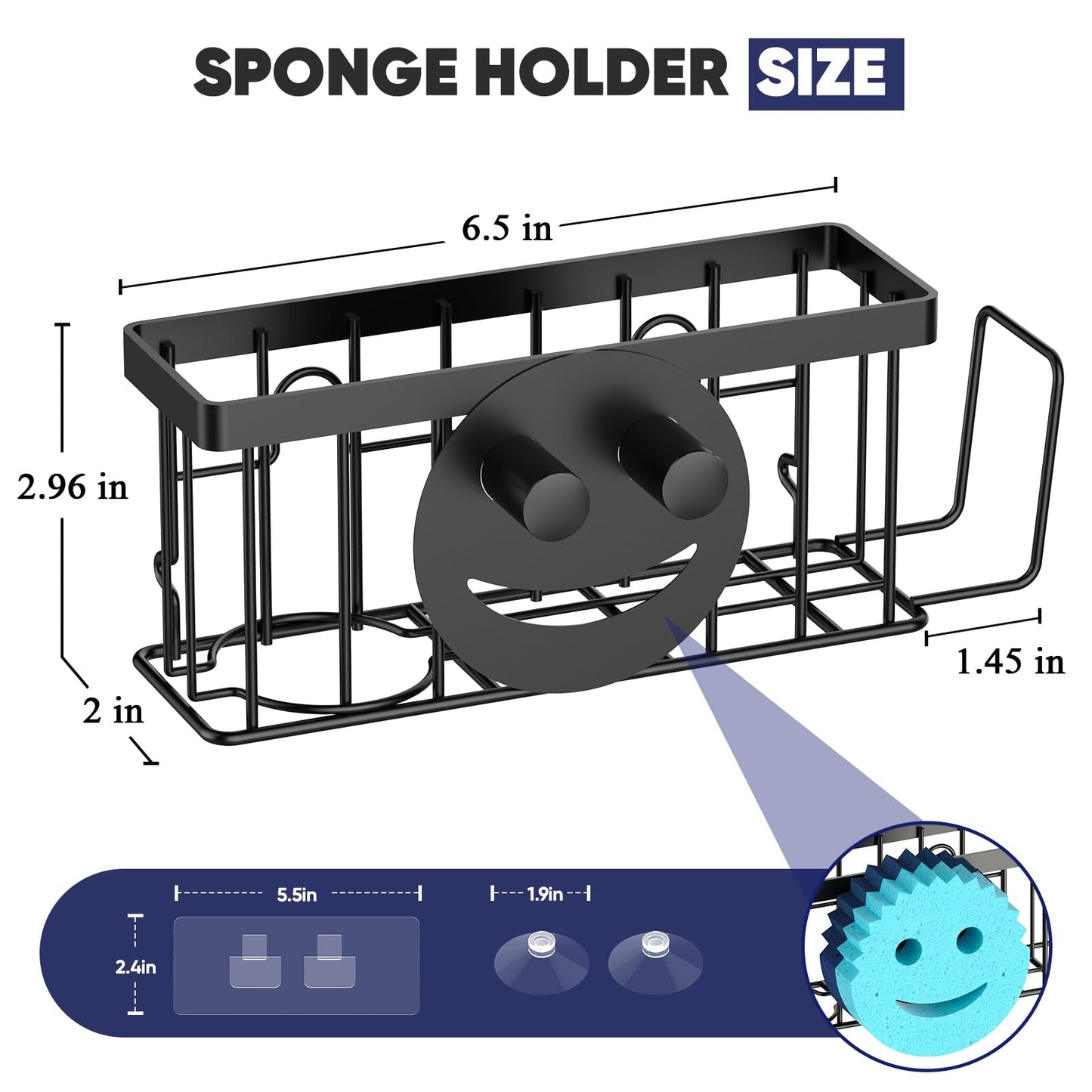 MURLONG Sponge Holder for Kitchen Sink,Sink Caddy Smiley Face,4-in-1 Sponge Holder with Suction Cups & 1 PCS Adhesive Strips for Holding Soap,Brush,Scrubber,Sponge,Stopper-Black