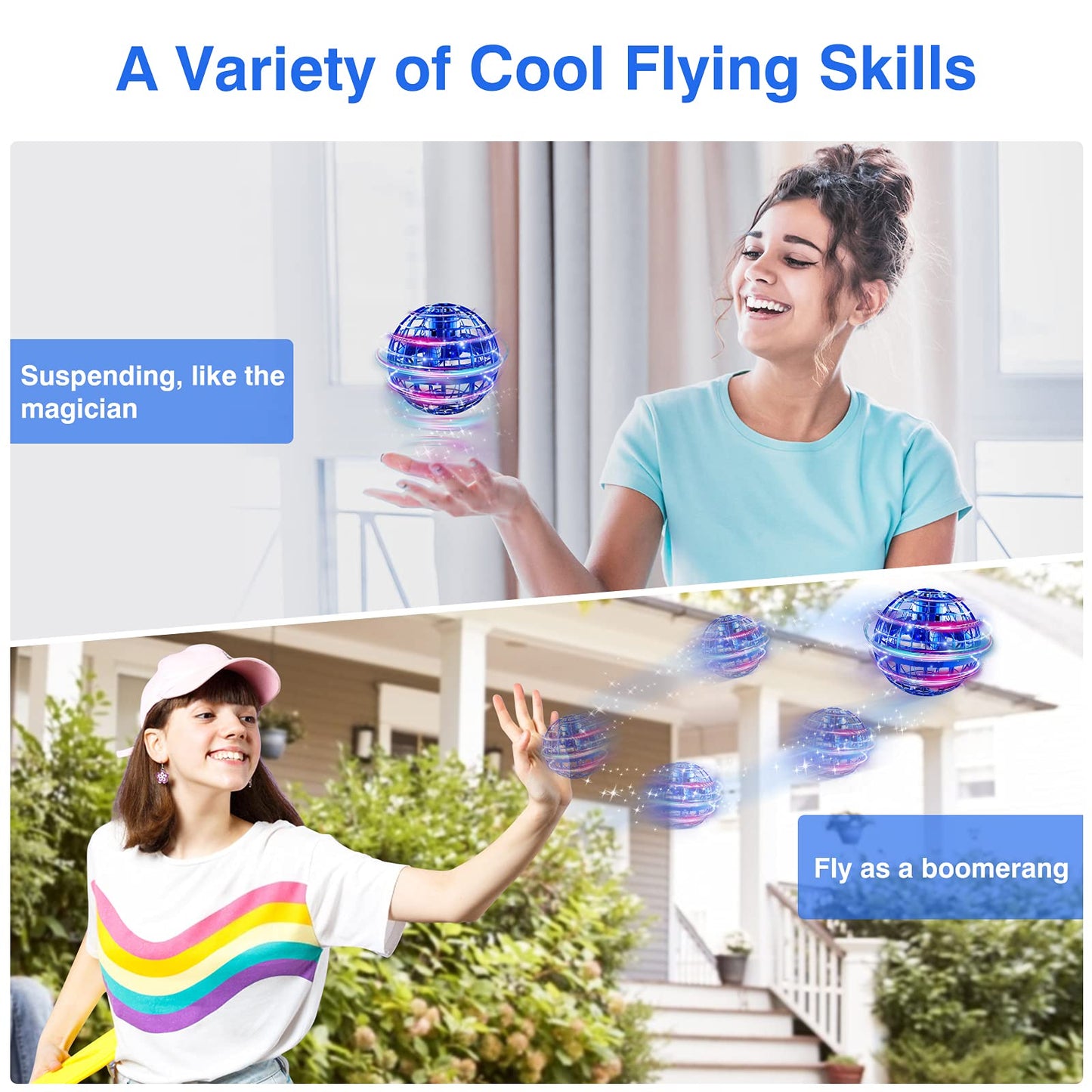 Ciniffo Flying Orb Ball Toy 2025 – Light Up Hand Controlled Boomerang Spinner Mini Drone Toy, Hover Cosmic Globe Ball, Cool Christmas & Birthday Gift for Boys Girls Teens Ages 6+ (Blue)
