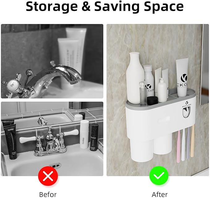 ROCK CLOUD Toothbrush Holder Wall Mounted Automatic Toothpaste Dispenser Squeezer Kit Saving Space, 4 Toothbrush Slots,2 Cups and Drawers for Bathroom