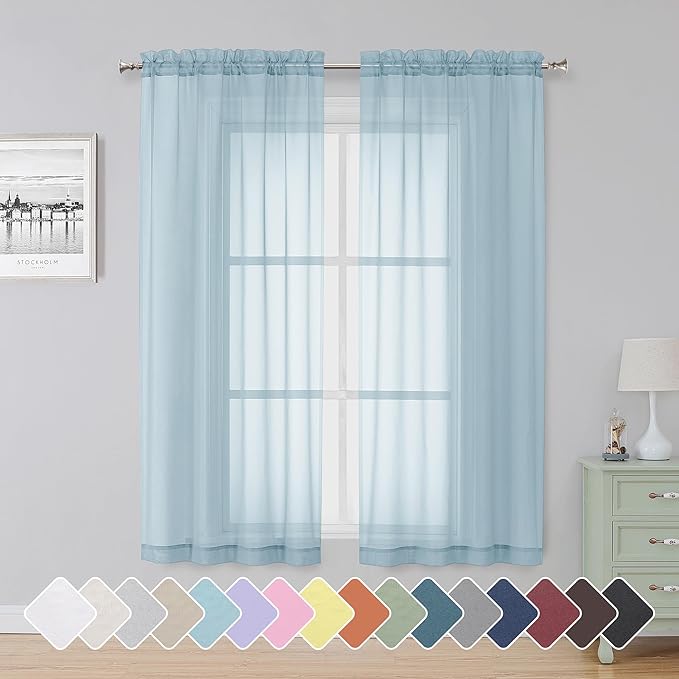 Simplebrand Sky Blue Sheer Curtains 63 Inch Length 2 Panels, Rod Pocket Solid Color Window Sheer Curtain Panels, Elegant Curtains & Drapes for Living Room, Bedroom 2 Panels (42" W x 63" L)