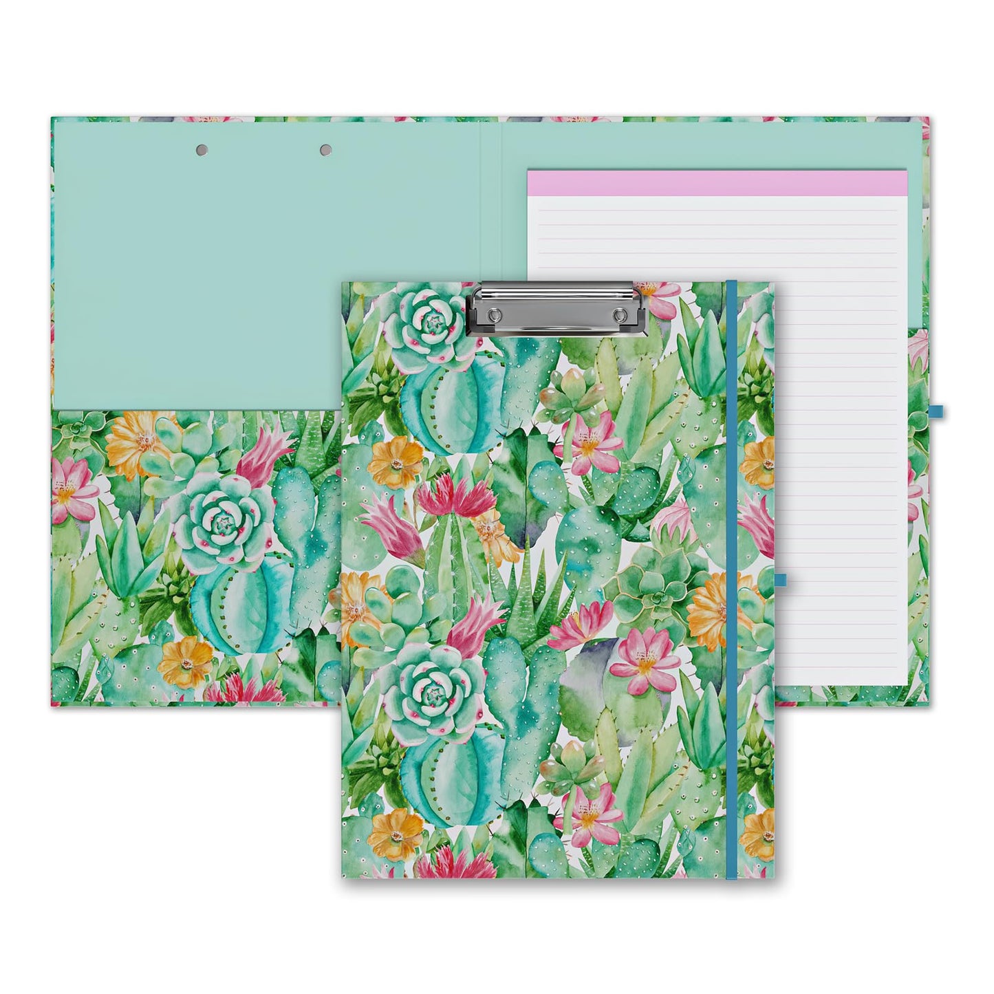 Cute Clipboard Folio with Refillable Lined Notepad and Interior Storage Pocket for Office Stylish A4 Foldable Clipfolio - Cactus Flowers