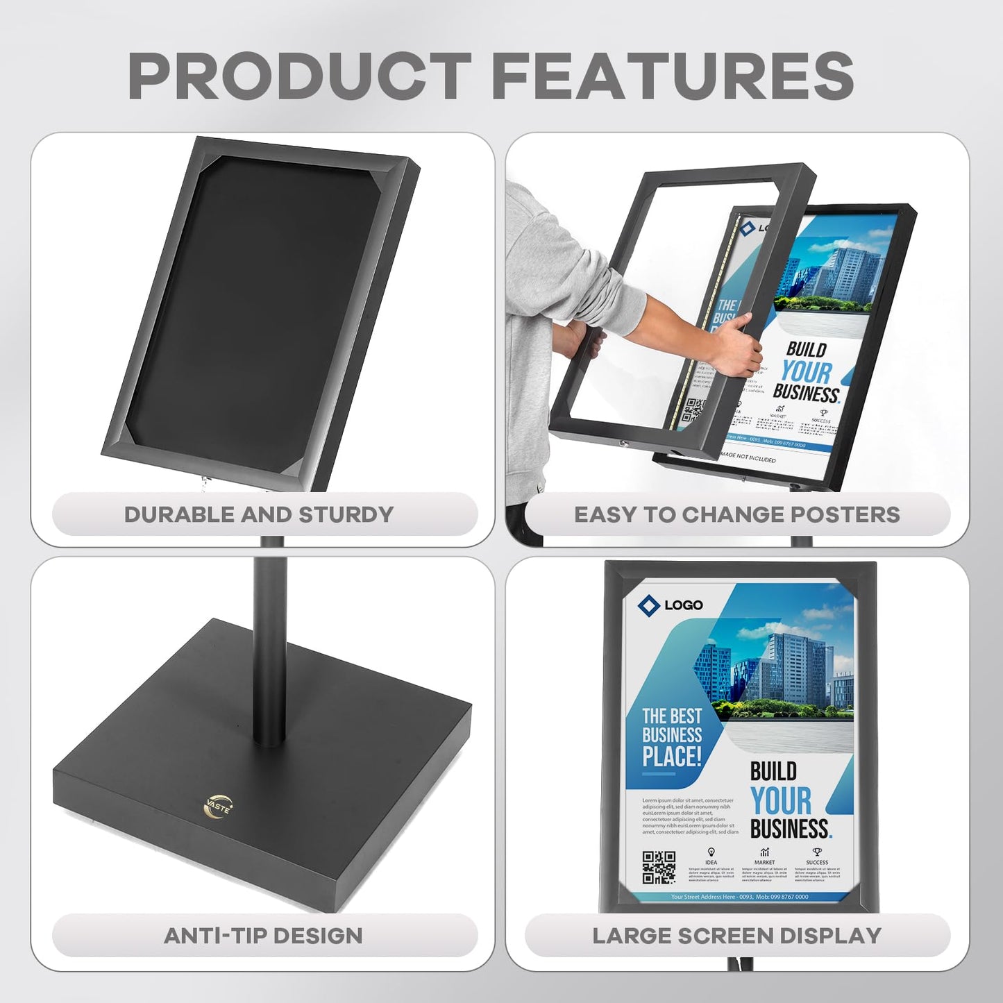 Vaste Large Steel Menu Displays Adjustable Floor Standing Holder Advertising Display with Cover Heavy-duty Base LED Lights Locks for Shopping malls restaurants conferences exhibitions（Black）