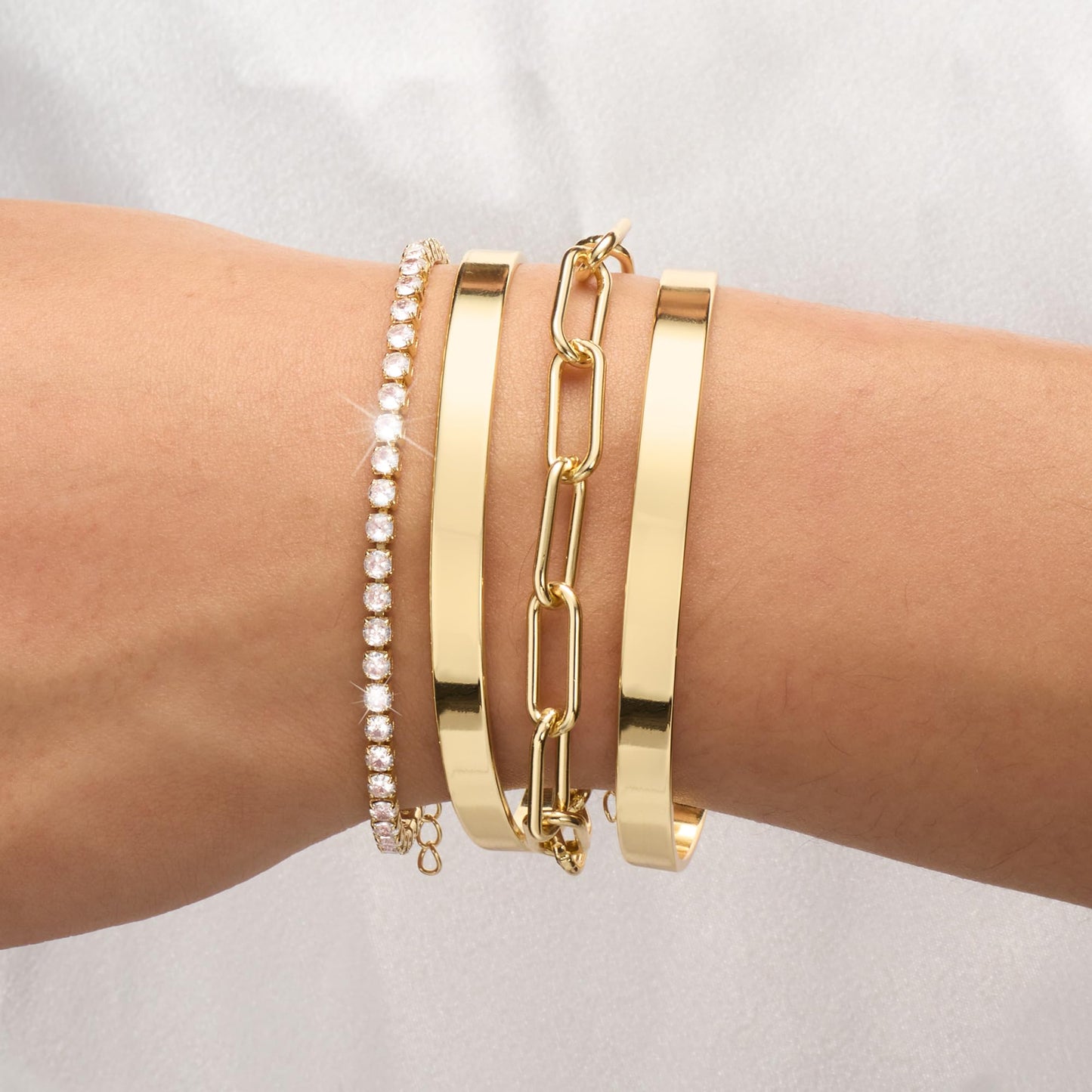 Reoxvo Gold Tennis Bracelets Stack for Women Double Dual Gold Bangle Cuff Bracelets for Women
