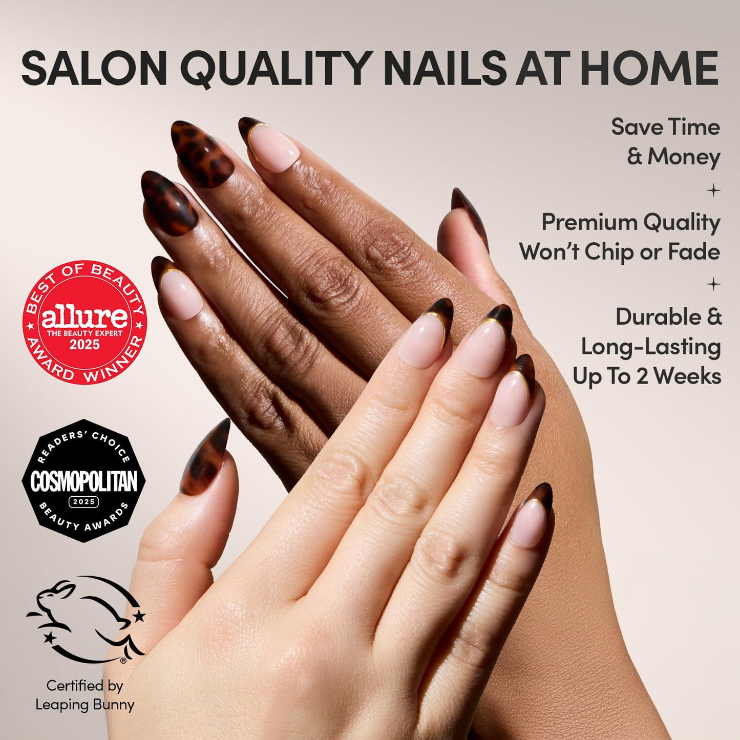 Glamnetic x GLAMZILLA Press On Nails - KILLAZILLA | Short Almond Tortoiseshell Fake Nails with French Tips, Salon Quality | 15 Sizes - 30 Nail Kit with Glue