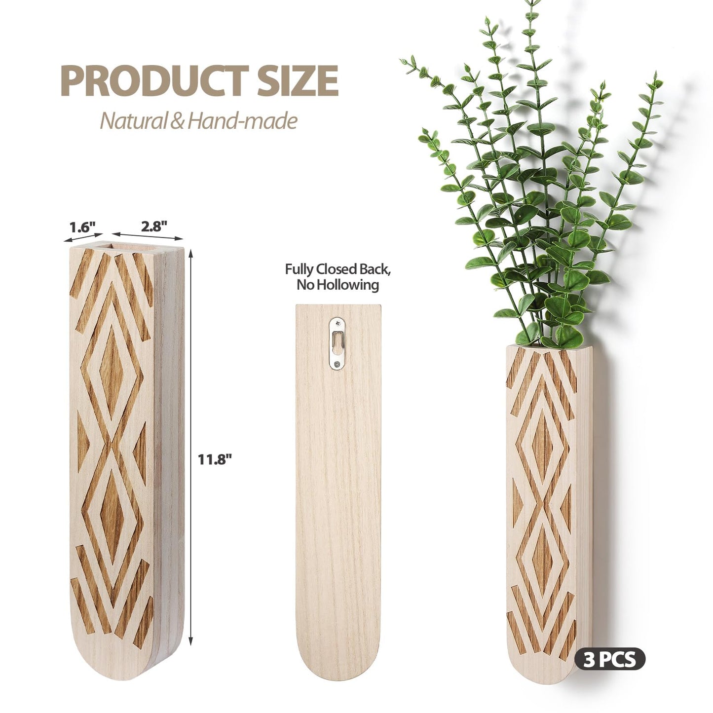 3 Pack Wood Wall Planter, Boho Wall Art for Entryway and Bathroom Decor, Modern Farmhouse Decor, Wall Decor Vase for Holding Fake Plants and Dried Flowers