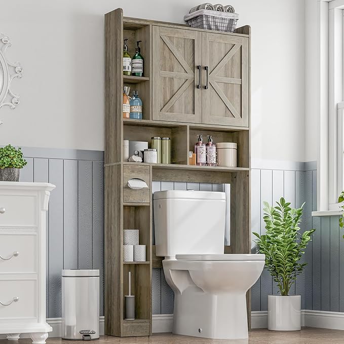 Over The Toilet Storage Cabinet, Farmhouse Storage Cabinet Over Toilet with 2 Barn Door & Toilet Paper Holder Stand, Home Space-Saving Rack, for Bathroom, Restroom (Grey).