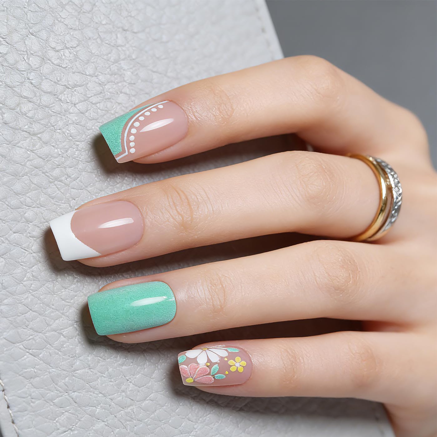Goolich Green Blooming Flower Press On Nails Medium Square, Nails Press ons with Adhesive Tabs, 24 Pcs 12 Size Reusable Full Cover Glue on Nails for Women