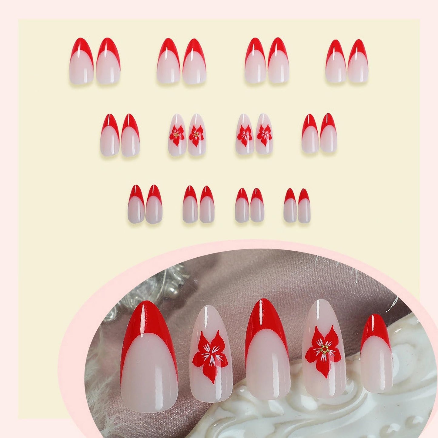 MISUD Press on Nails - Medium Almond Glue on Nails with Red French Tip, Acrylic Flower Design 24 pcs