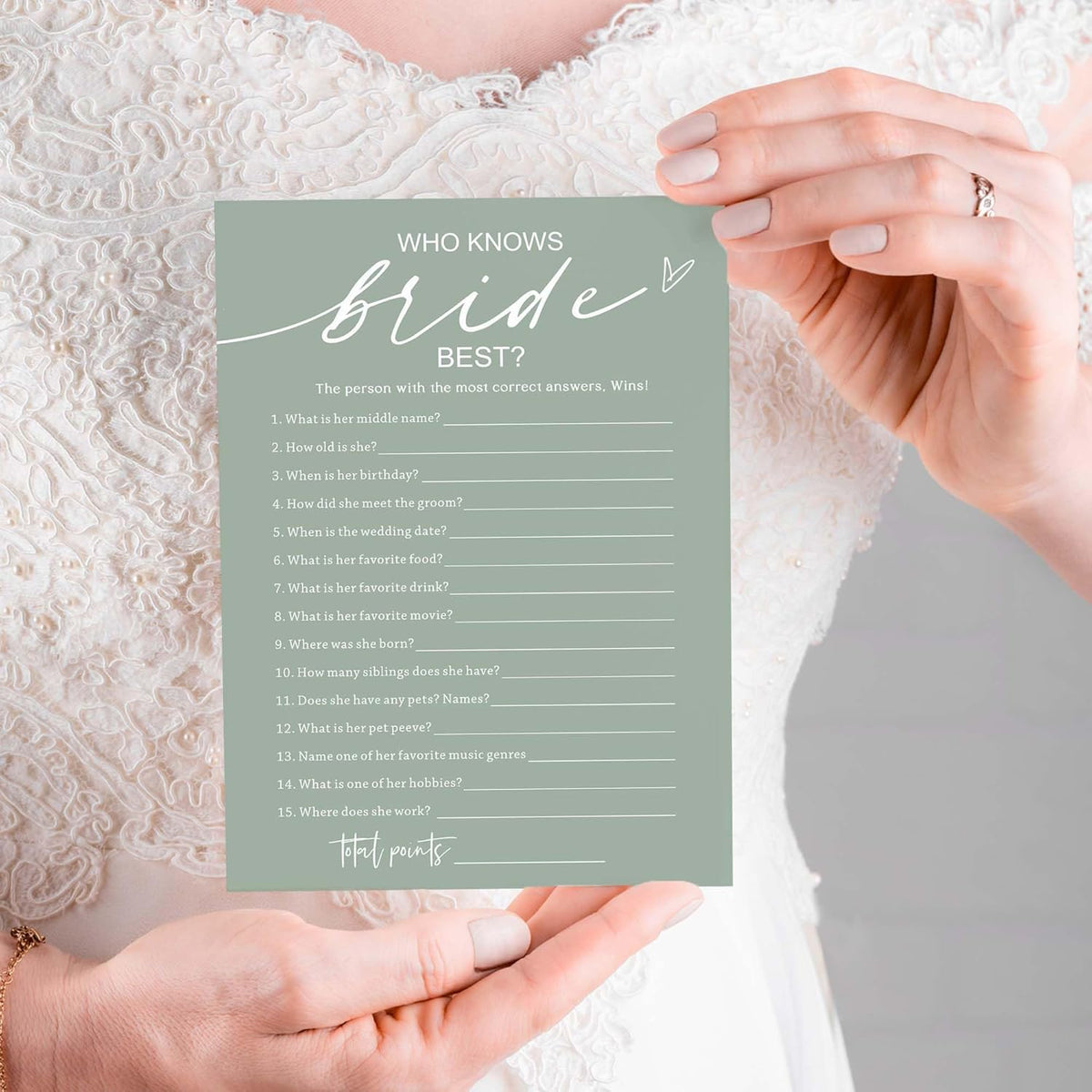 Bridal Shower Games Cards, Who Knows The Bride Best, Bridal Shower Game 25 Guests, Engagement Party Wedding Games for Guests, Minimalist Green Wedding Party Supplies - C03
