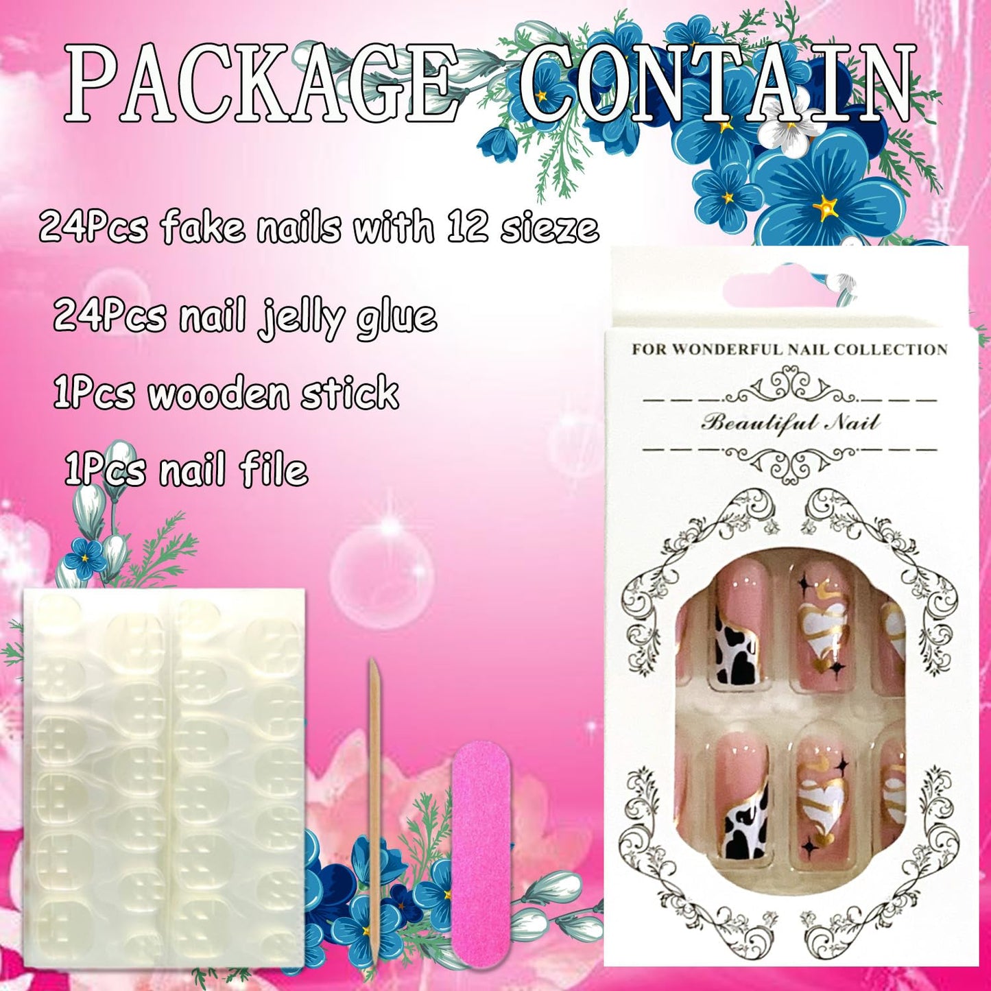 Press on Nails Medium Square Shapes 24Pcs Glossy Full Cover Artificial Pink Fake Nails with Gold Snake Line Designs Reusable Coffin Acrylic Fall False Nails Glue on Fingernails with Charm for Women