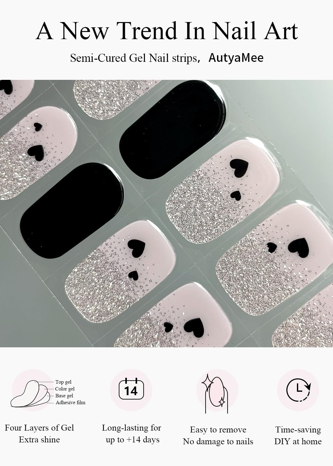 AutyaMee Semi Cured Gel Nail Strips (Black Love Heart), 20 Pcs Gel Nail Wraps, Stickers, UV Light Required, Salon Quality, Long Lasting, Valentines Day Gift