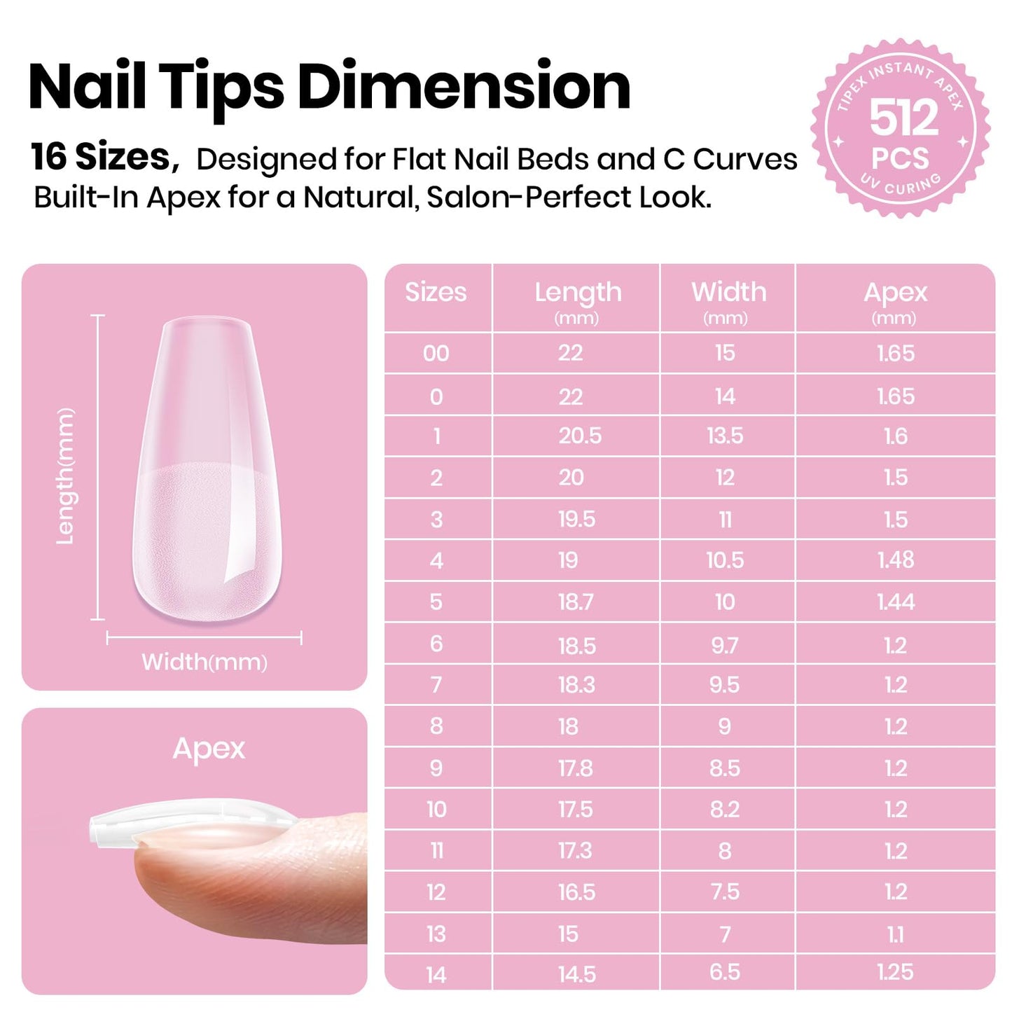 Beetles Tipex Lite Apex Nail Tips,Coffin Short, 512pcs 16 Sizes,Pre-Building Pre-Etched Acrylic Nail Tips for Flat Nails & Natural C-Curves Nail Beds