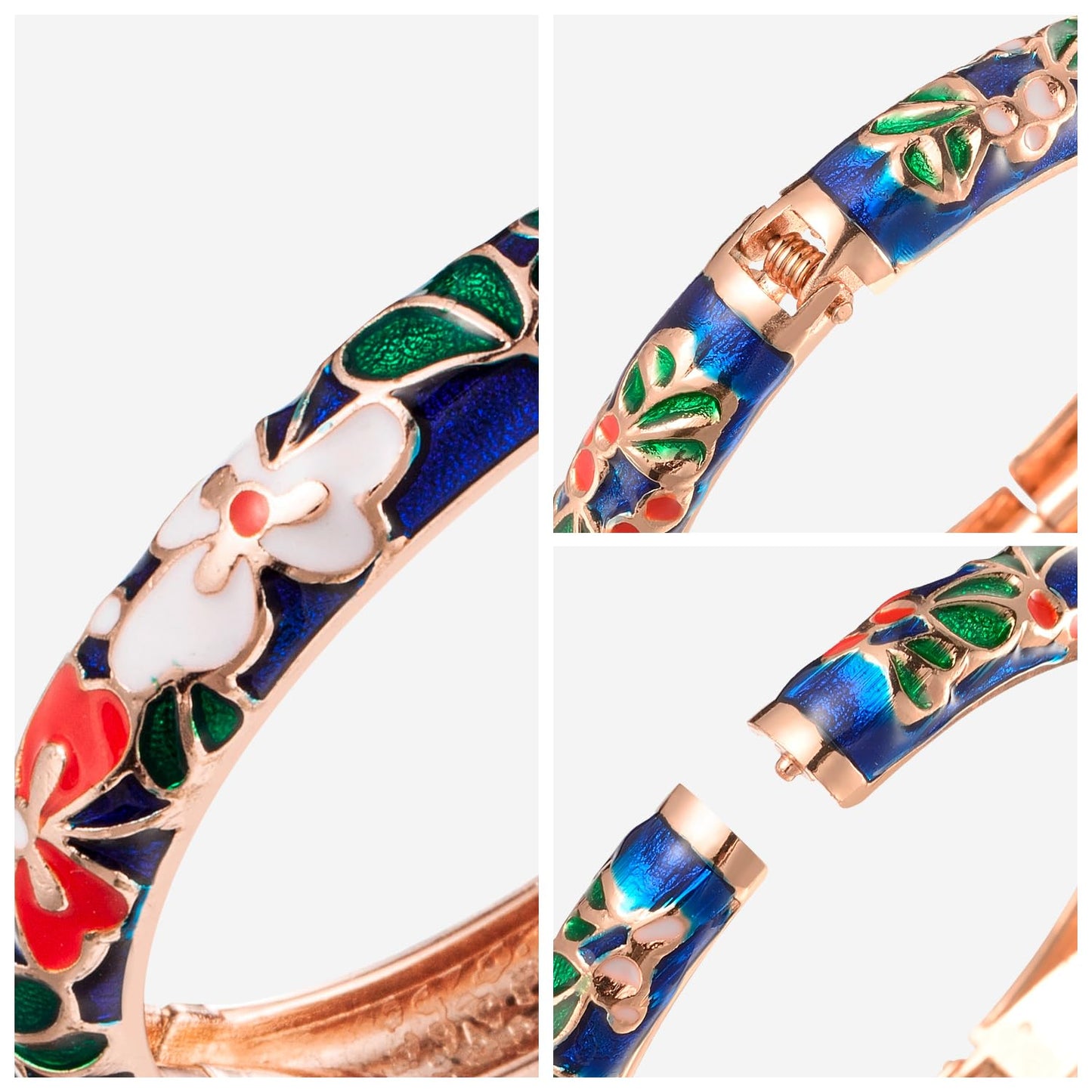 wynameleri Vintage Cloisonne Jewelry Gorgeous Rhinestone Handcrafted Bracelets Enamel Flower Bird Gold Hinged Cuff Bangles Gifts 88A31-55A100 Navy Blue