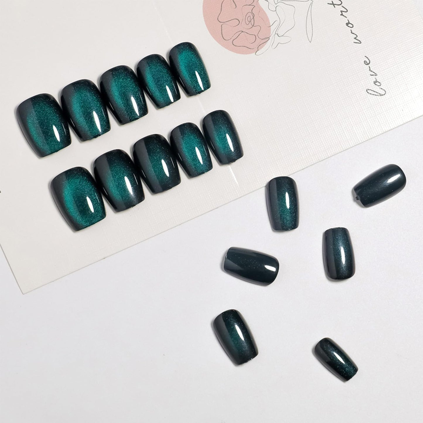 30Pcs Green Galaxy Press On Nails, Sparkly Starry Fake Nails with Magnetic Glossy Finish, Glitter Gradient False Nail Tips for Women Party Daily Wear, Reusable Manicure Kit with Adhesive Tabs