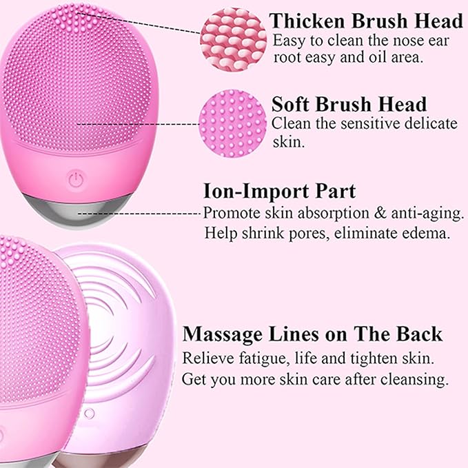 Facial Cleansing Brush, 3-in-1 Electric Soft Silicone Waterproof Face Scrubber, USB Rechargeable IPX7 Waterproof Sonic Vibrating Face Brush for Deep Cleansing, Gentle Exfoliating and Massaging