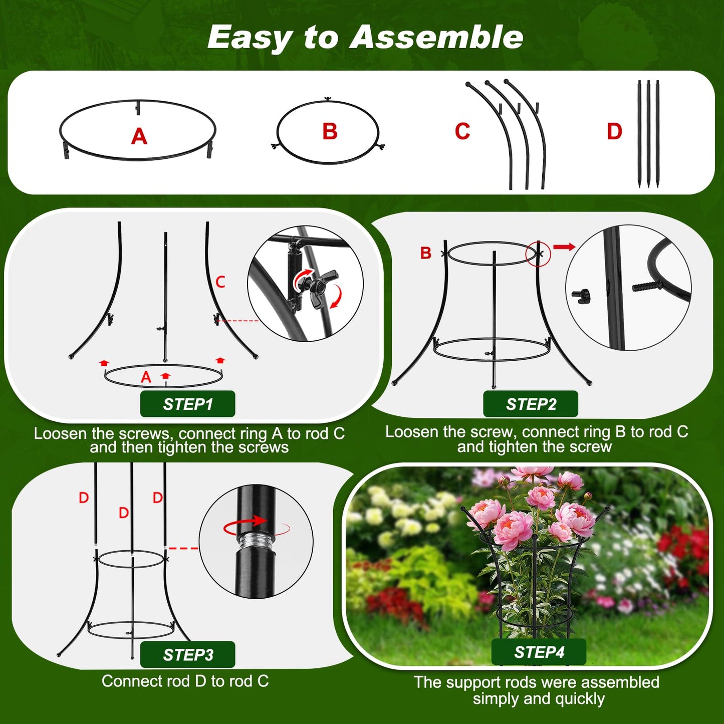 4 Pack Peony Cages and Supports, 12.5" Dx24 H Plant Supports for Outdoor Plants, Double-Ring Metal Peony Support Cage, Natural Bouquet Shape Plant Support Rings for Rose Tomato Hydrangea Strawberry