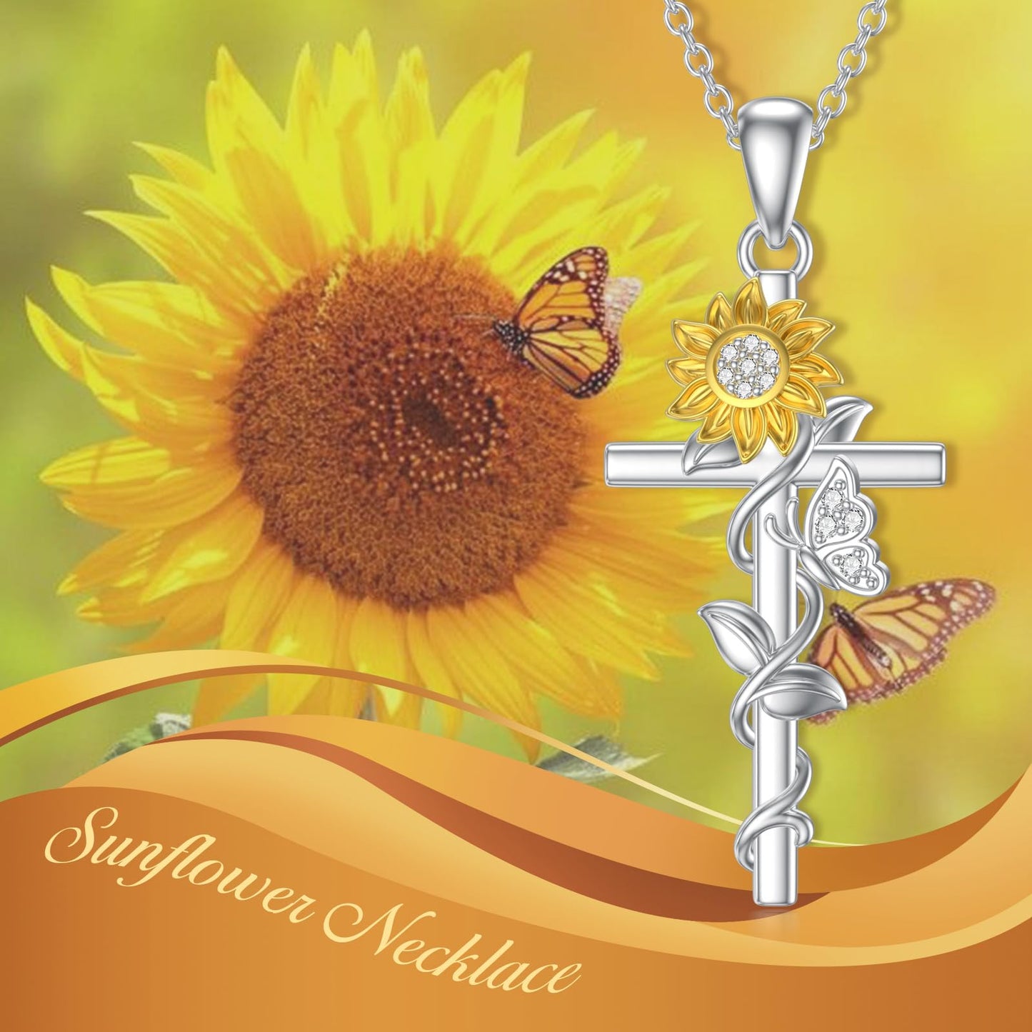 VONALA Cross Necklace 925 Sterling Silver Sunflower Butterfly Jewelry Pendant Sunshine Religious Gift for Women