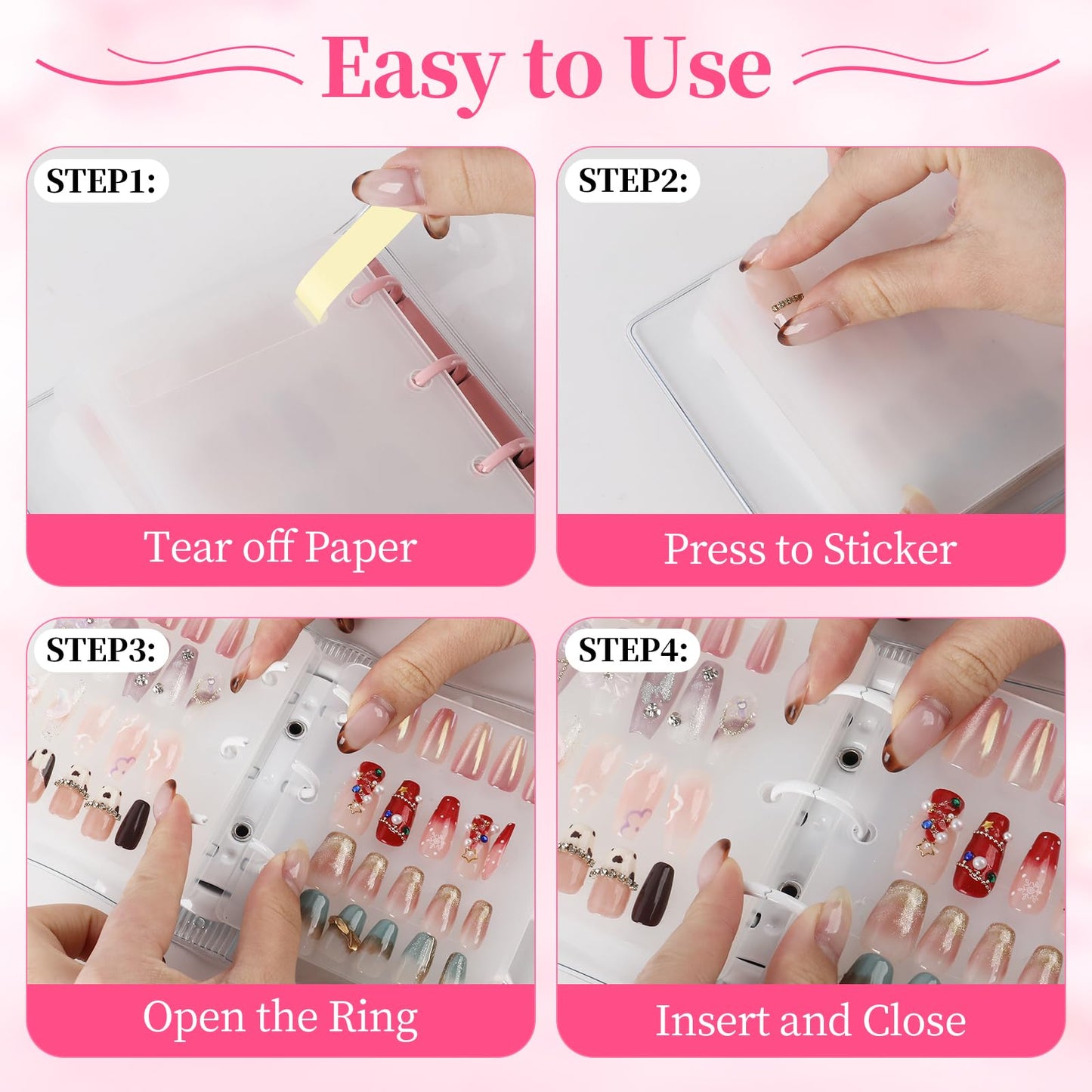 ASTONFOG Press On Nail Organizer, 2Pcs Press On Nail Binder Book with 12 Insert Pages-A8 Sized & Double Sized Tape, Fake Nails Swatch Display Collecting Storage Book(Pink+White)