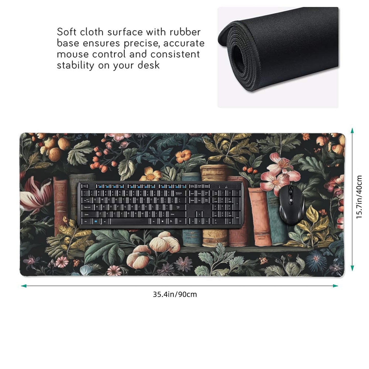 Dark Academia Desk Mat, Floral & Book Pattern XXL Mouse Pad with Anti-Slip Base & Stitched Edges, Large Desk Pad for Computer Keyboard, Office & Home Decor for Women
