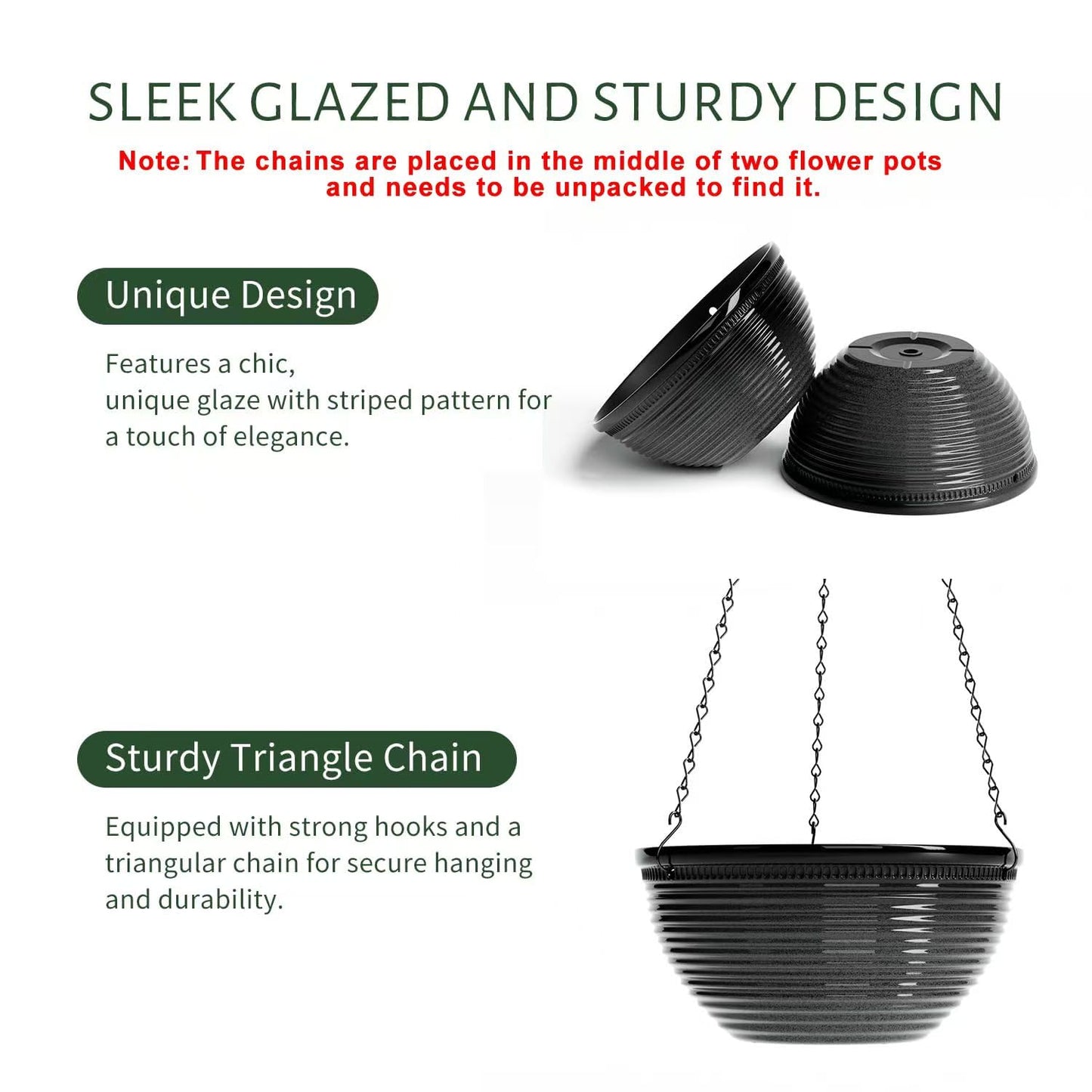 Vanslogreen 2 Pack Hanging Planters for Indoor Outdoor Plants, 10 Inch Hanging Planter with Drainage Hole & Plug Glazed Hanging Baskets Flower Pots for Garden Home (Black)