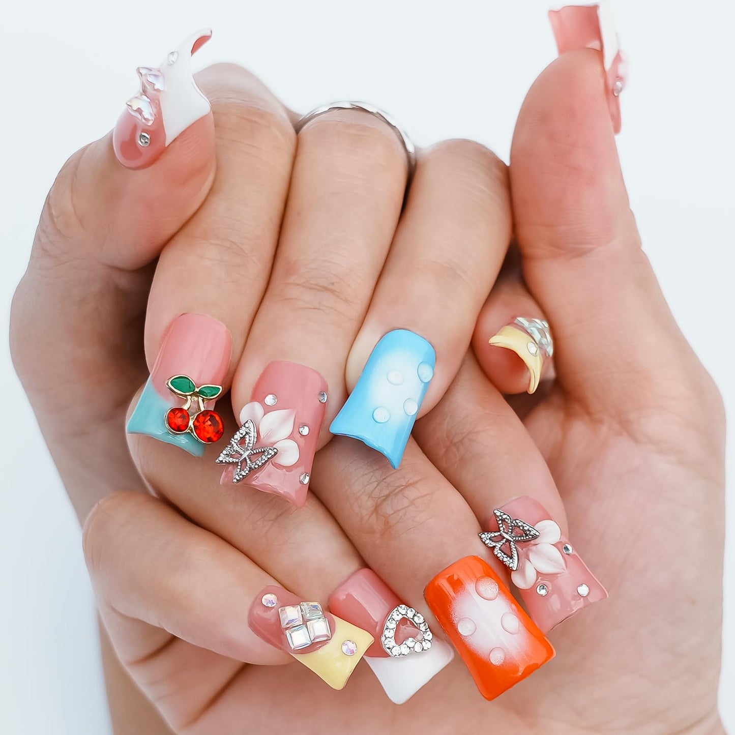 Tesytto Handmade Press on Nails Short Duck - 3D Floral Metallic Butterflies False Nails Luxury Rhinestone Cherry Petal Flower Design, Reusable Thick Acrylic Full Cover(Spring Bloom Pop,L)