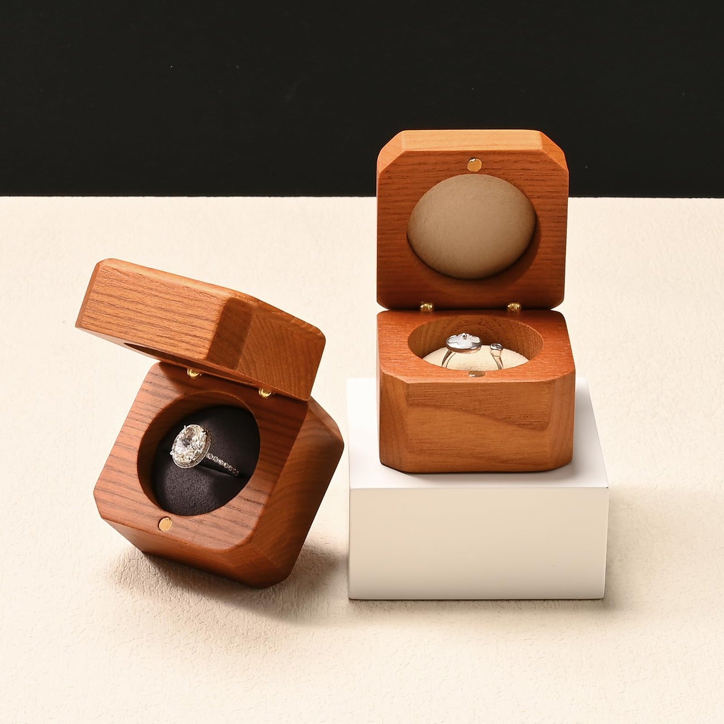 Woodten Jewelry Engagement Proposal Ring Box Solid Wood Single Octagonal Ring Box for Proposal, Wedding(Beige)
