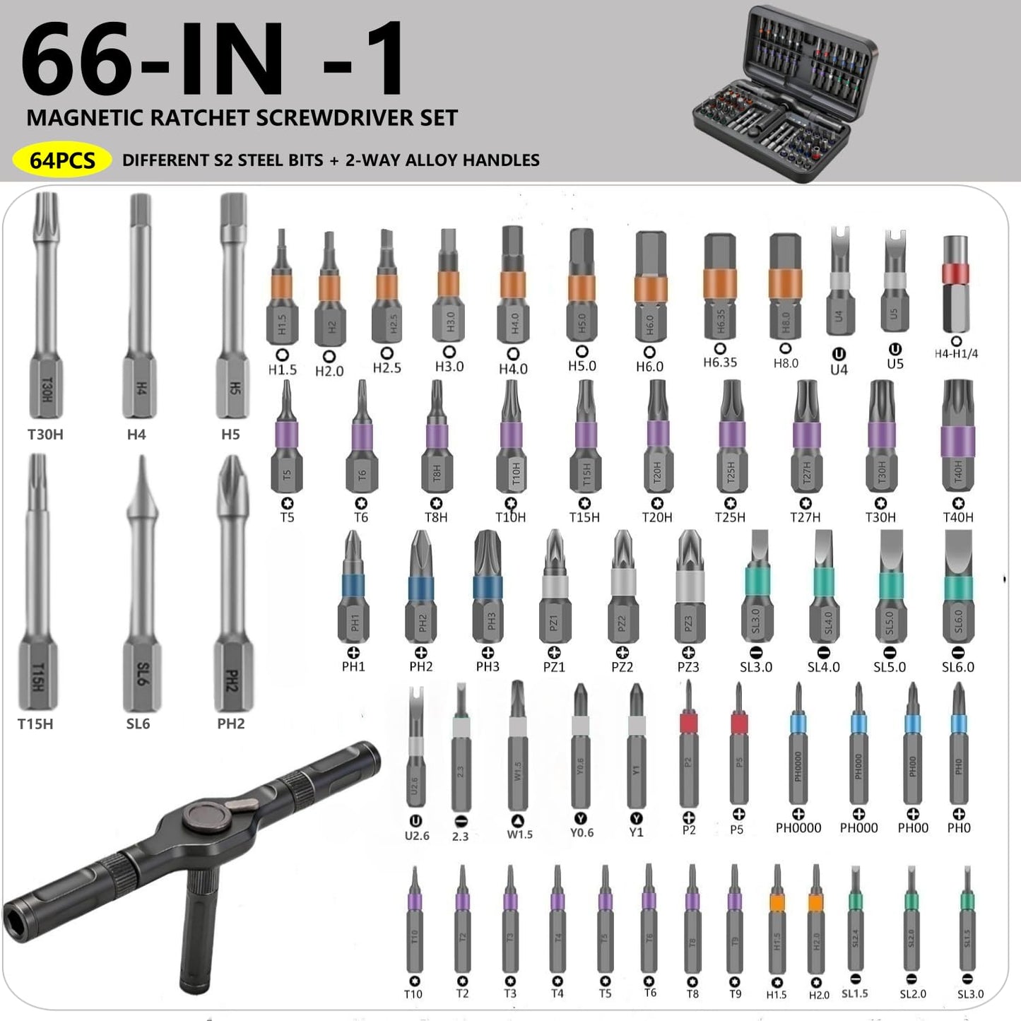 66 in 1 Magnetic Screwdriver Set, Multi-Bit Ratchet Screwdriver Kit with S2 Steel Precision Bits, T-Handle Repair Tool Set for Computer,Bicycle, Electronics, Furniture, DIY, Ideal Gift for Me Husband