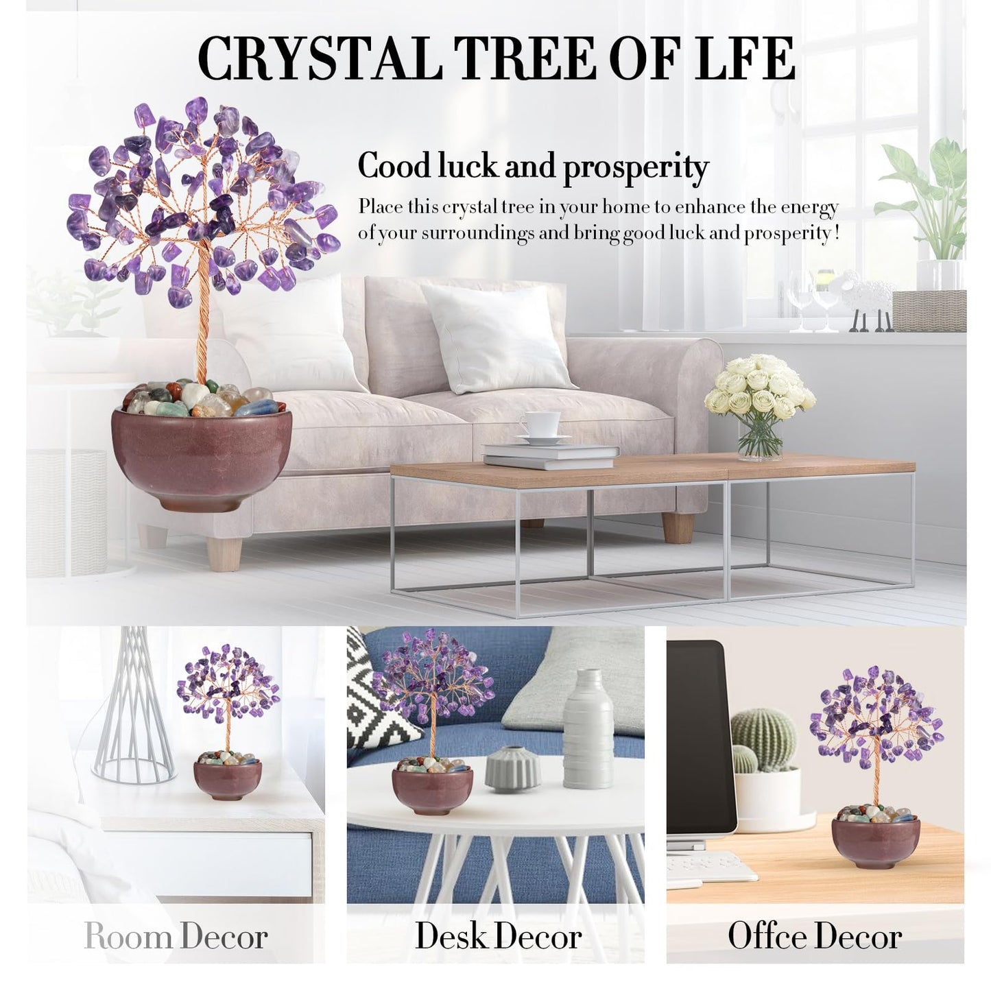 Handcrafted Amethyst Abundance Tree with Ceramic Base,5 Inch Natural Crystal Feng Shui Bonsai for Prosperity,Harmony & Energy Flow,Premium Healing Stone Decor for Home & Sacred Spaces