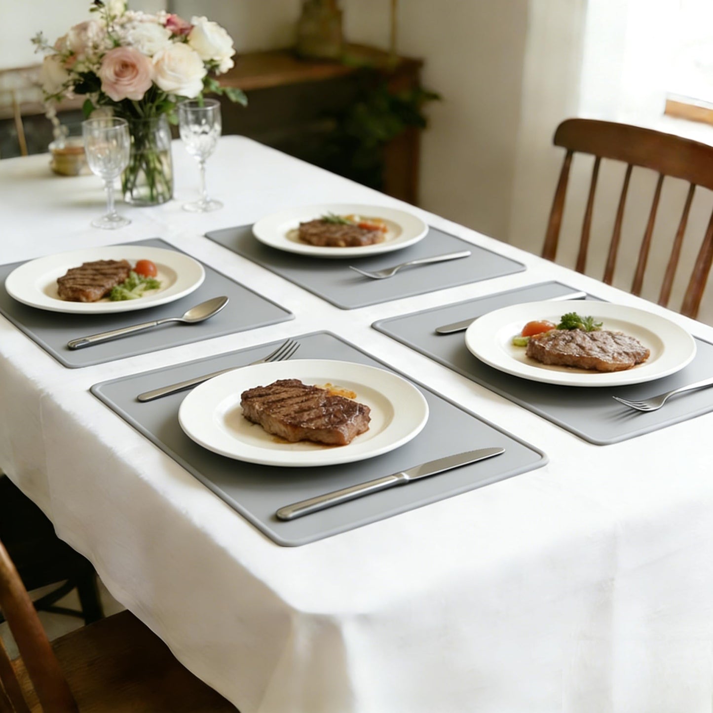 IYYI Silicone Placemats, Dining Placemats Set of 4, Waterproof Placemats for Kids, Heat Resistant Non-Slip Silicone Mats for Dinner Table, Dishwasher Safe (Light Gray, 18.9×11.8)