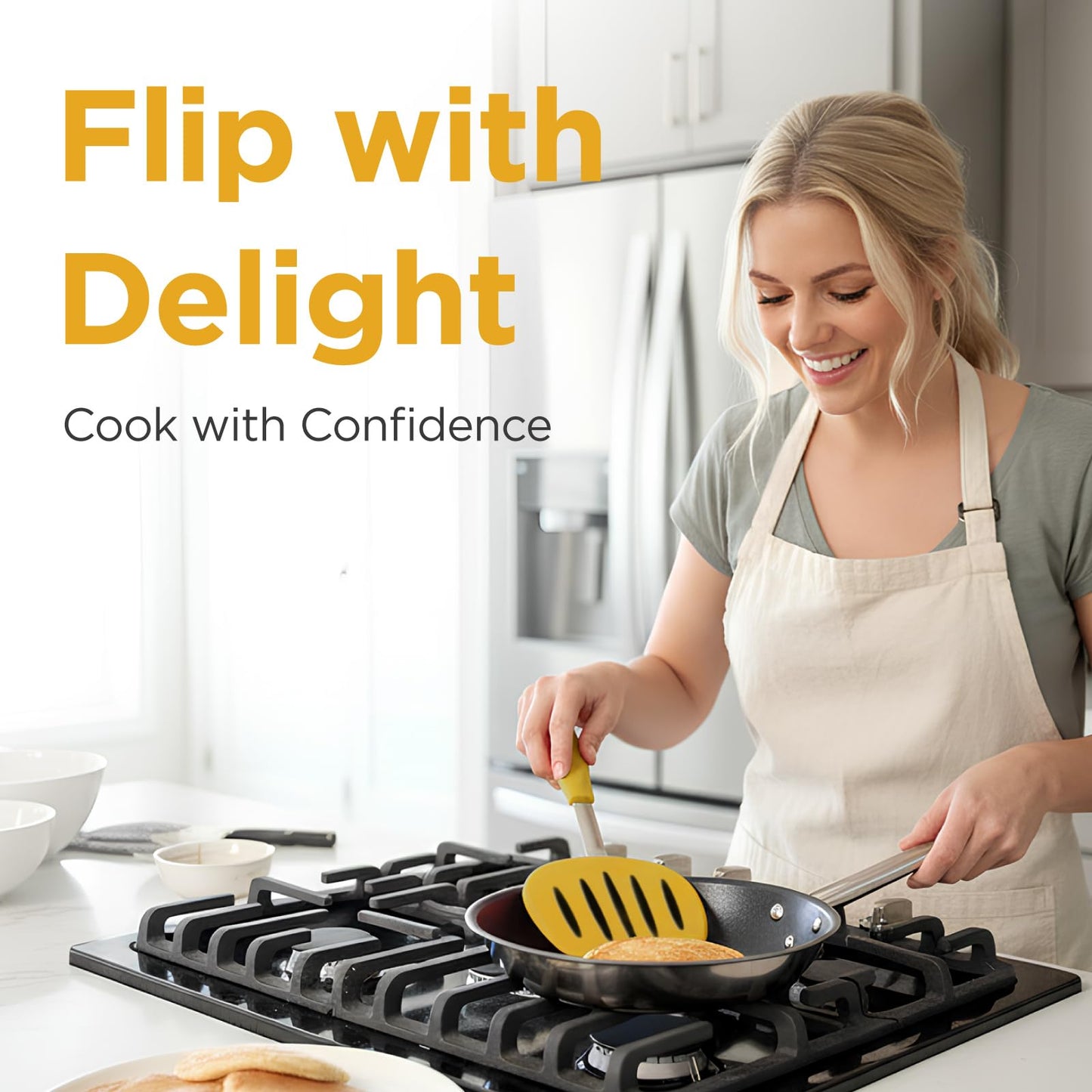 Kitchen Mama WaltzGrip Platinum Silicone Pancake Spatula Turner: Heat-Resistant, Slotted Tapered Head, Stainless Steel Core, Durable, Dishwasher-Safe, Ideal for Flipping and Wok Use (Yellow)