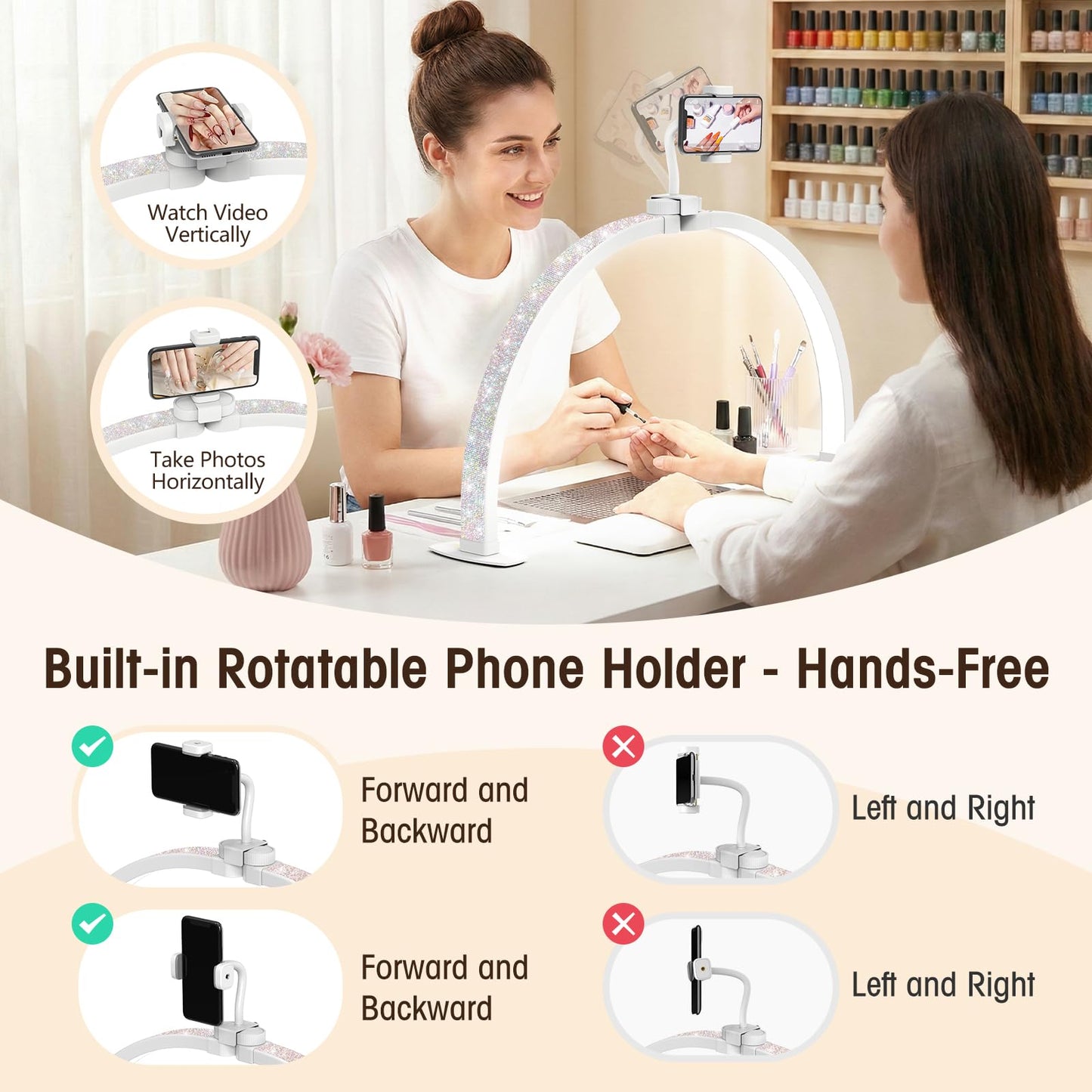 LIONVISON Half Moon Light for Desk: 29" Foldable Nail Light for Desk with Phone Holder - 3000K-6500K 3 Color Modes 10 Brightness for Salon Nail Technicians & Home DIY Manicure Enthusiasts (Diamond)